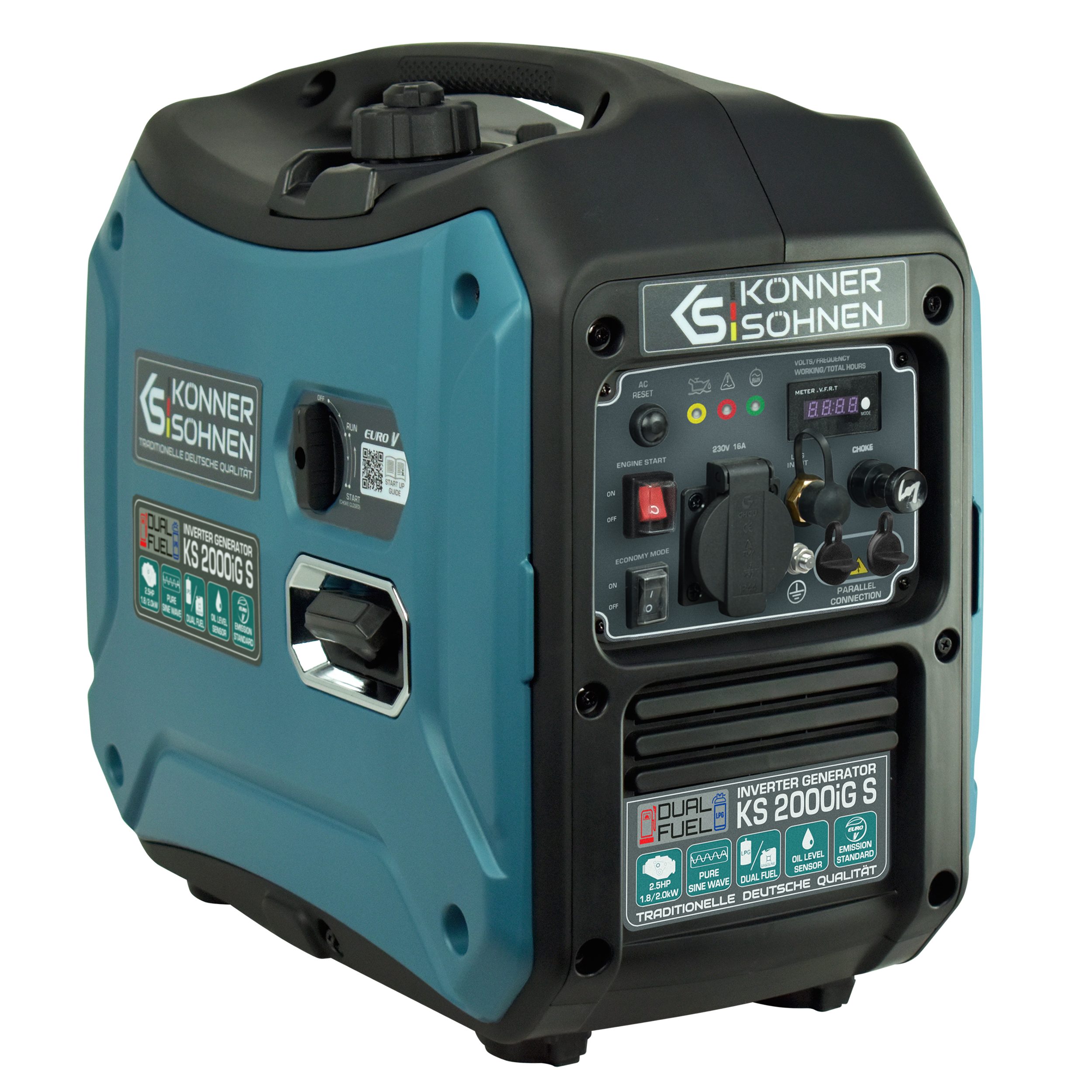 Könner & Söhnen Stromerzeuger KS 2000iG S, 2,00 in kW, (LPG/Benzin-Inverter-Generator Schalldichtes Gehäuse, 1-tlg., (62 dB Lpa 7 m),Schuko 230V, LED-Anzeige,ECO-Modus), Kupferwicklung, Kurzschluss- und Überlastschutz, EURO V