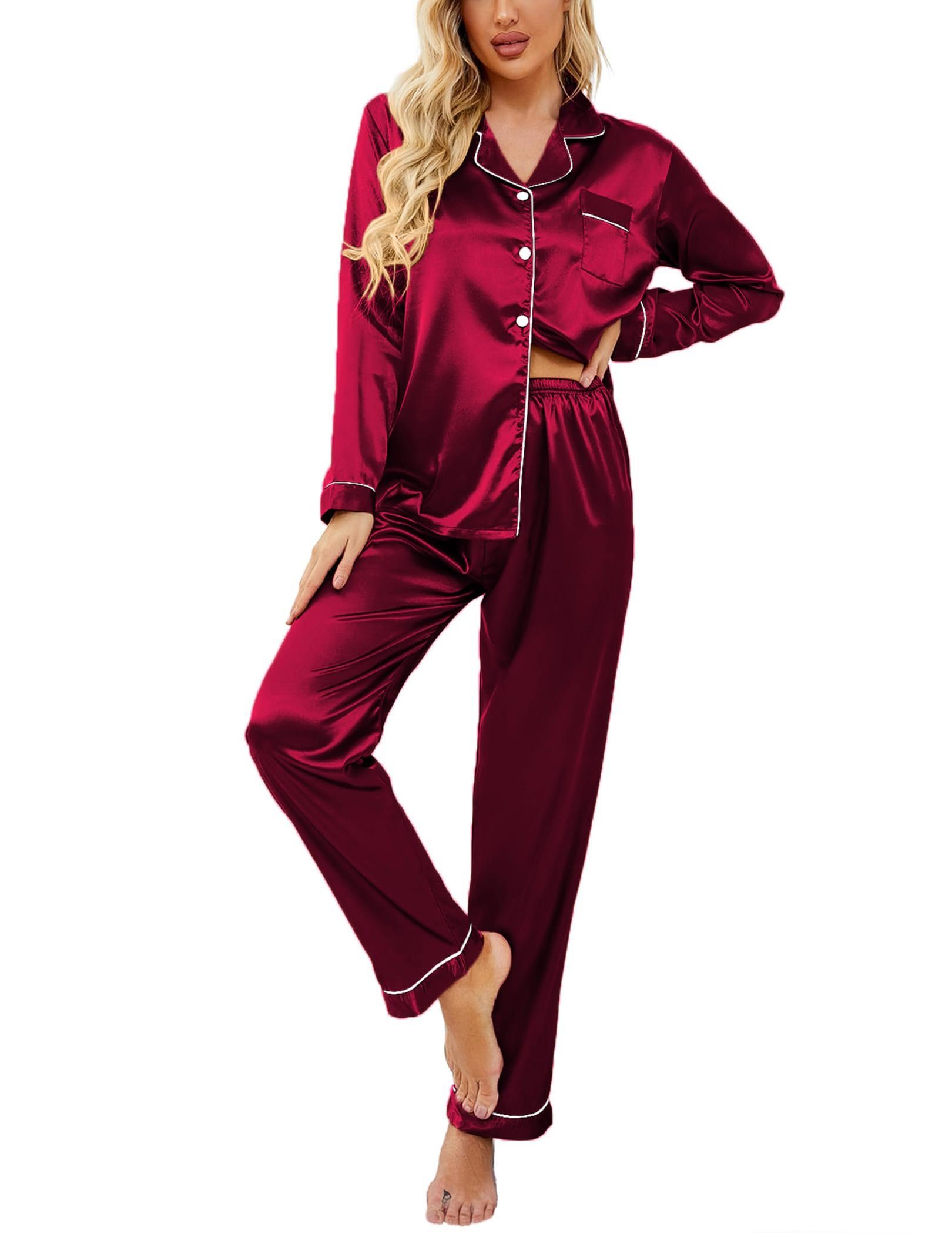 Sarfly Pyjama Satin Pyjama Damen Schlafanzug Langarm Pyjamas Set mit Knopfleiste Nachtwäsche V-Ausschnitt Zweiteiliger Pjs Sets
