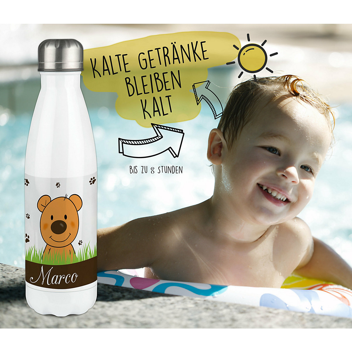 Edelstahl Kinder Thermoflasche / Trinkflasche bunt Teddy Bär Spülmaschinenfest, Auslaufsicher, Bruchfest, Doppelwandig, Für Heißgetränke geeignet, Mit Deckel, Isoliert