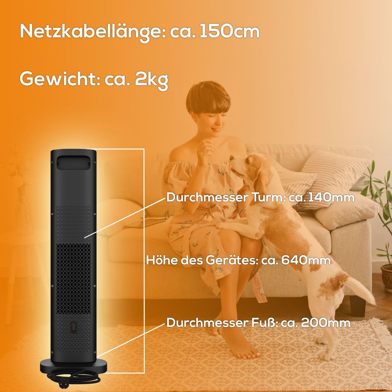 TroniTechnik Turmheizer mit Keramikelement,Heizgerät Flammeneffekt,2000 W, PTC Keramik, Schwarz