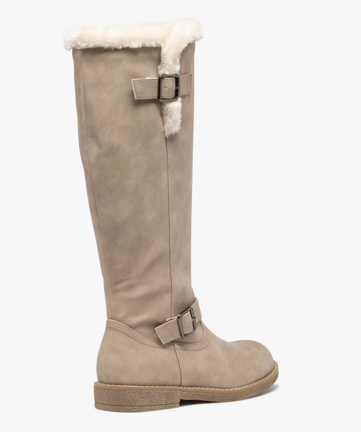 Bottes femme à talon plat dessus uni et col duveteux blanc | GEMO