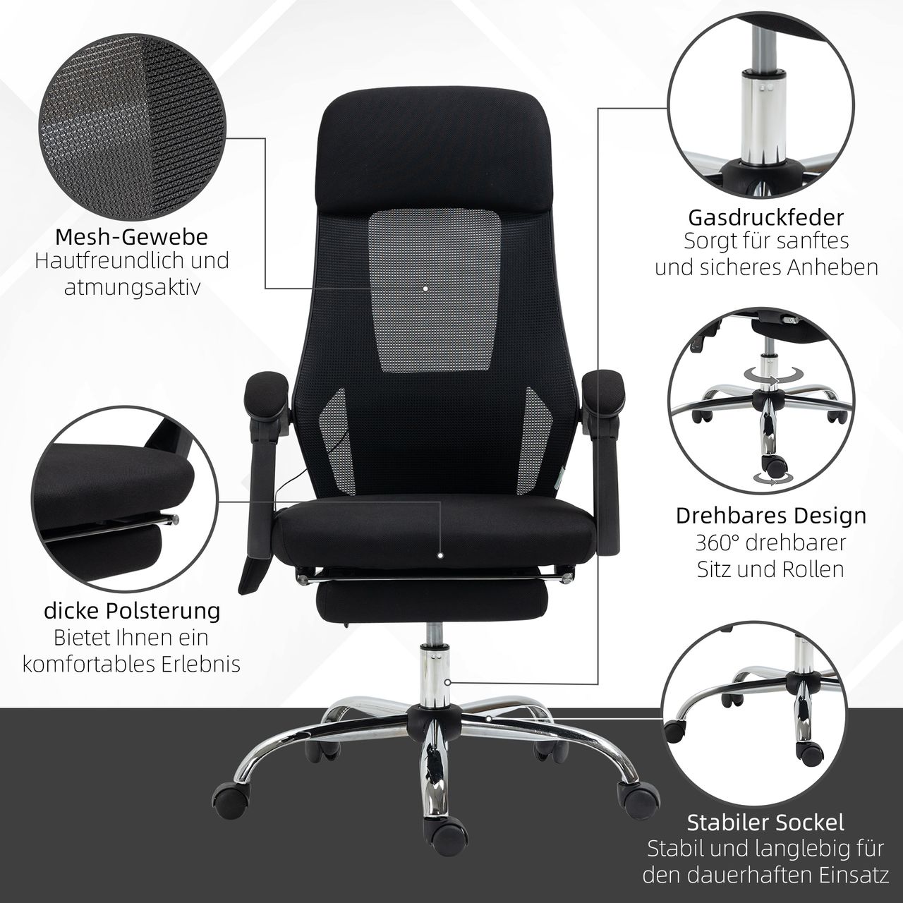 Vinsetto Bürostuhl mit Massagefunktion, Massagestuhl mit Liegefunktion, Mesh