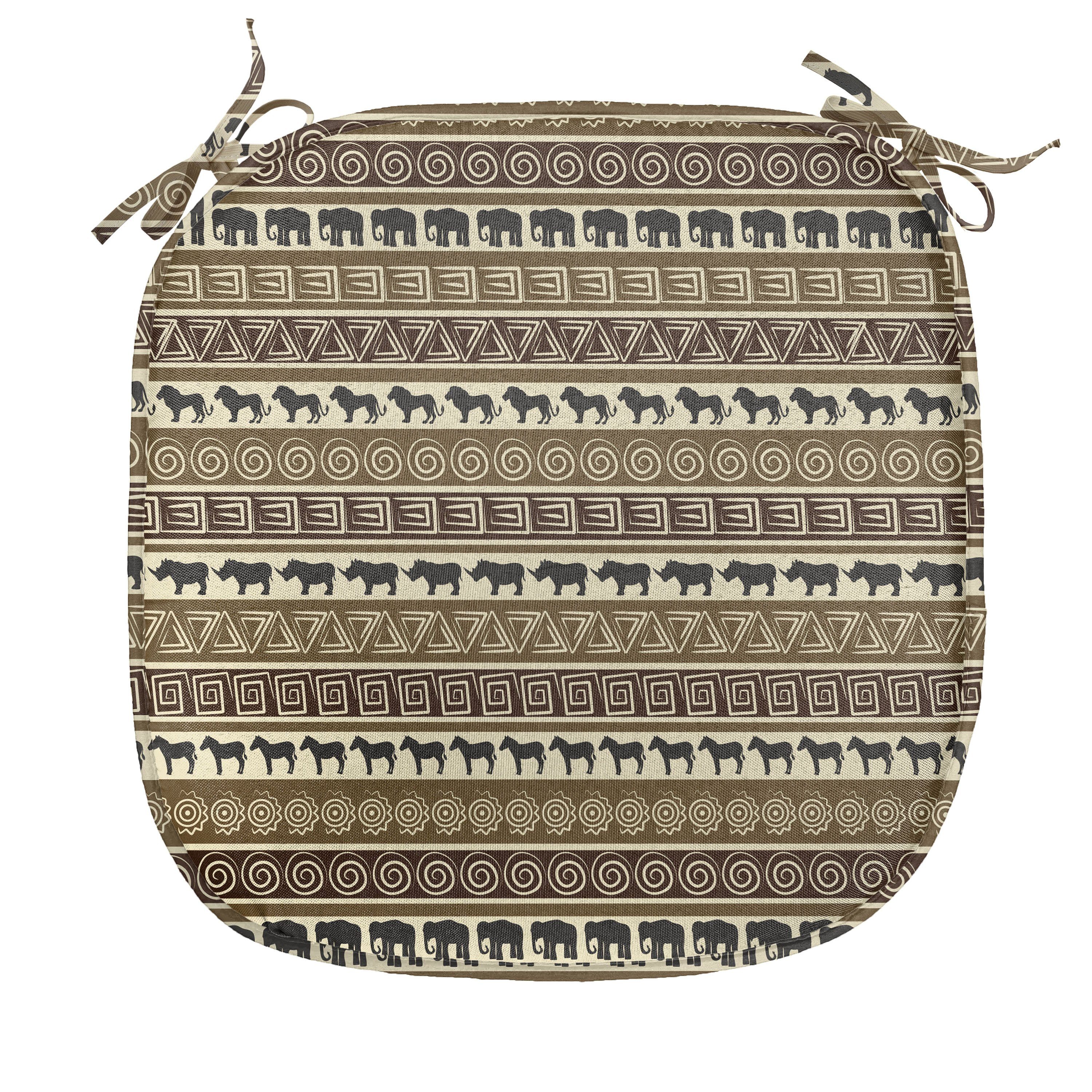 Abakuhaus Stuhlkissen Dekoratives wasserfestes Kissen mit Riemen für Küchensitze, Geometrisch Afrika Theme Stripes Tiere