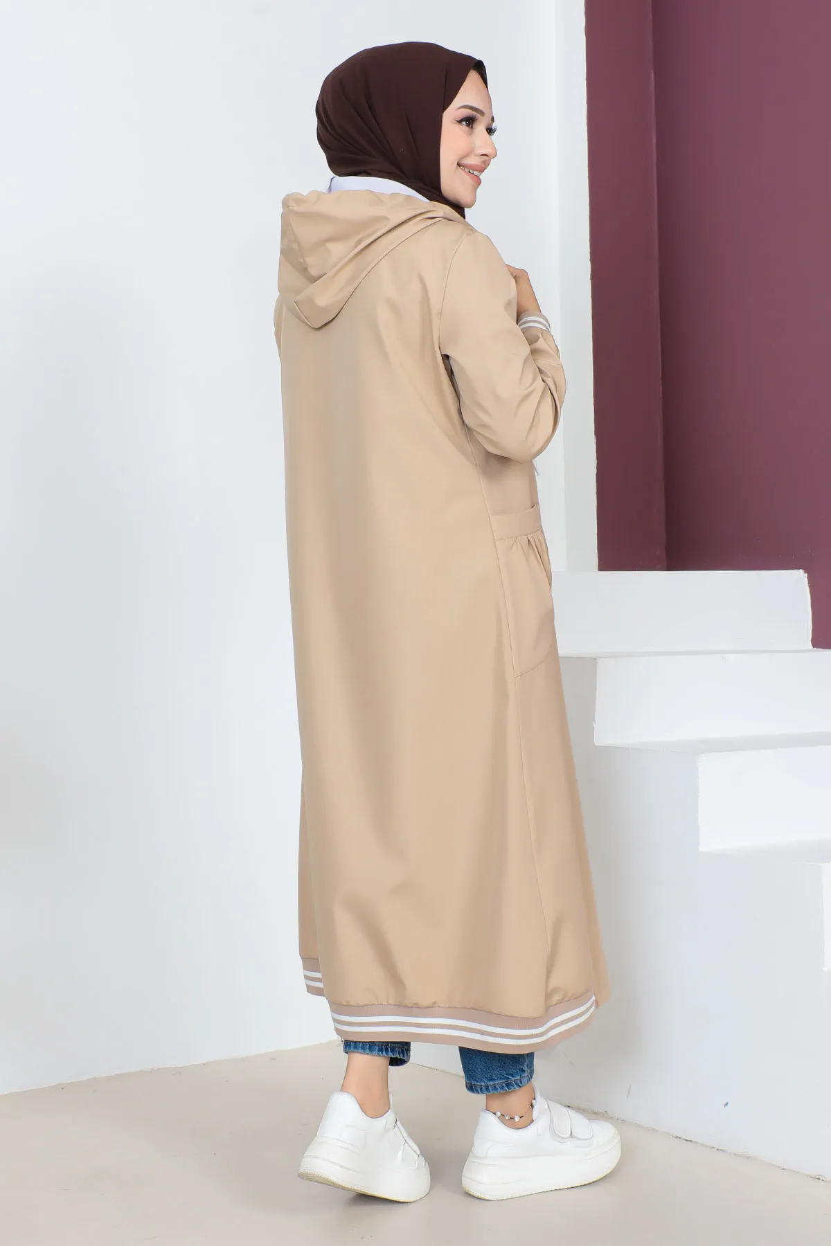Tesettür Dünyası  Gerippter Trenchcoat TSD230638 Kamel