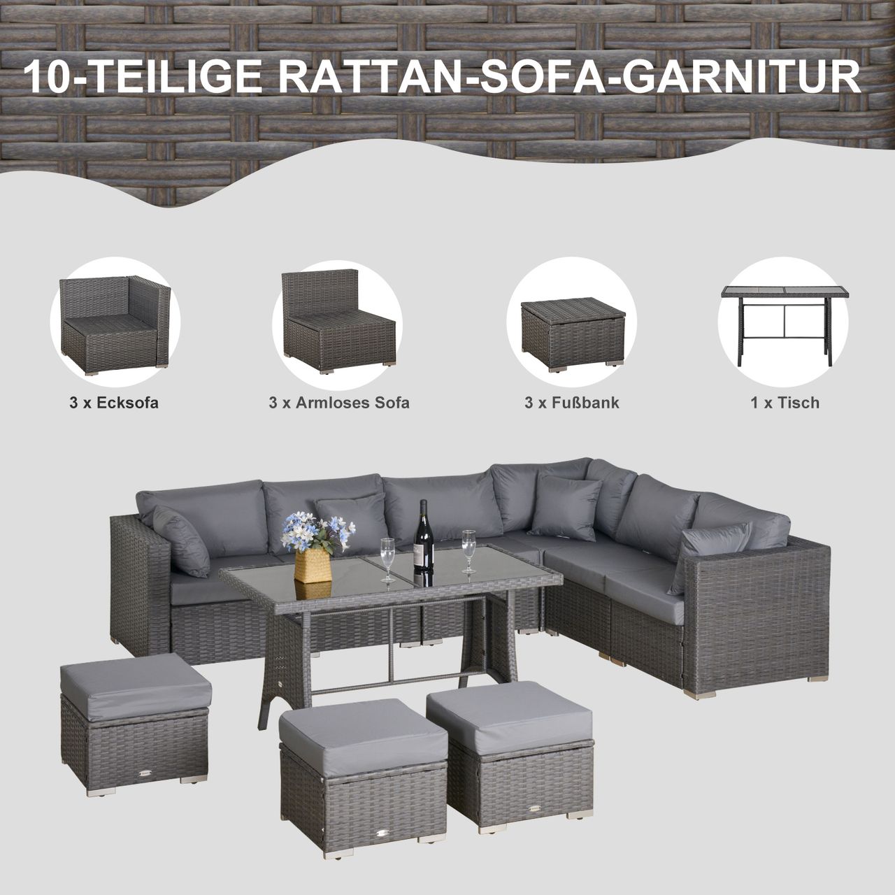 Outsunny Polyrattan Sitzgarnitur 10 tlg. Sitzgruppe Gartenset Sofagarnitur Gartenmöbel Set Lounge Stahl Luxus Dunkelgrau
