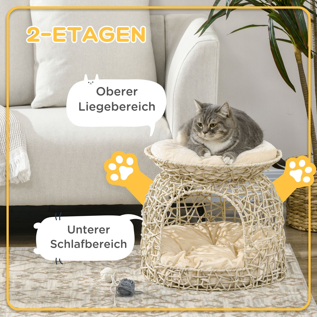 PawHut Katzenhöhle aus Rattan, 2 Etagen, Katzenhütte mit Kissen, Katzenhaus