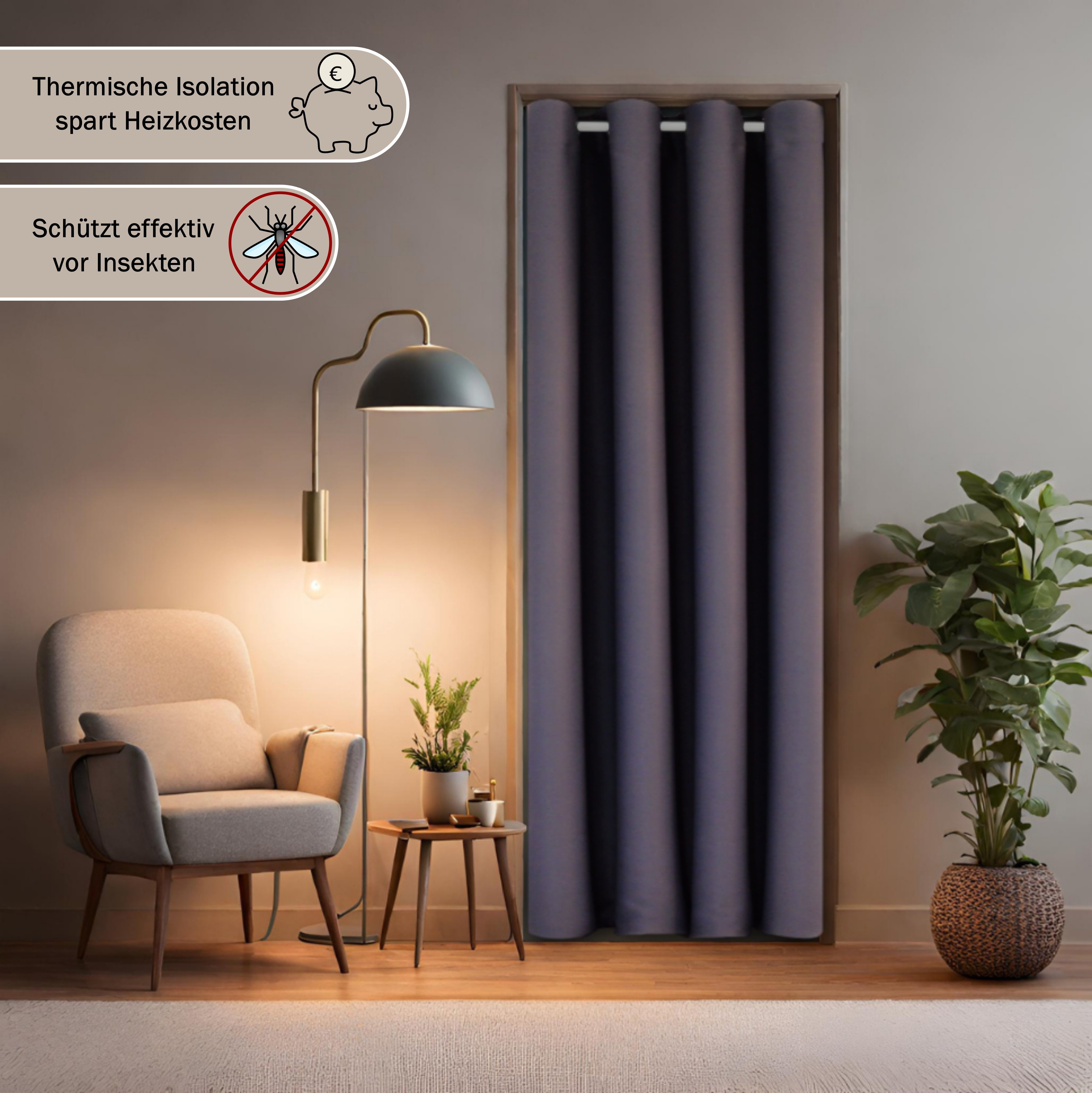 Türvorhang mit Stange weiß 70-120 cm Thermo Vorhang ohne Bohren, blickdicht, tinycurtains, Ösen, verdunkelnd, Polyester, grau Nebula, Türgardine mit Klemmstange Raumtrenner Vorhang Tür