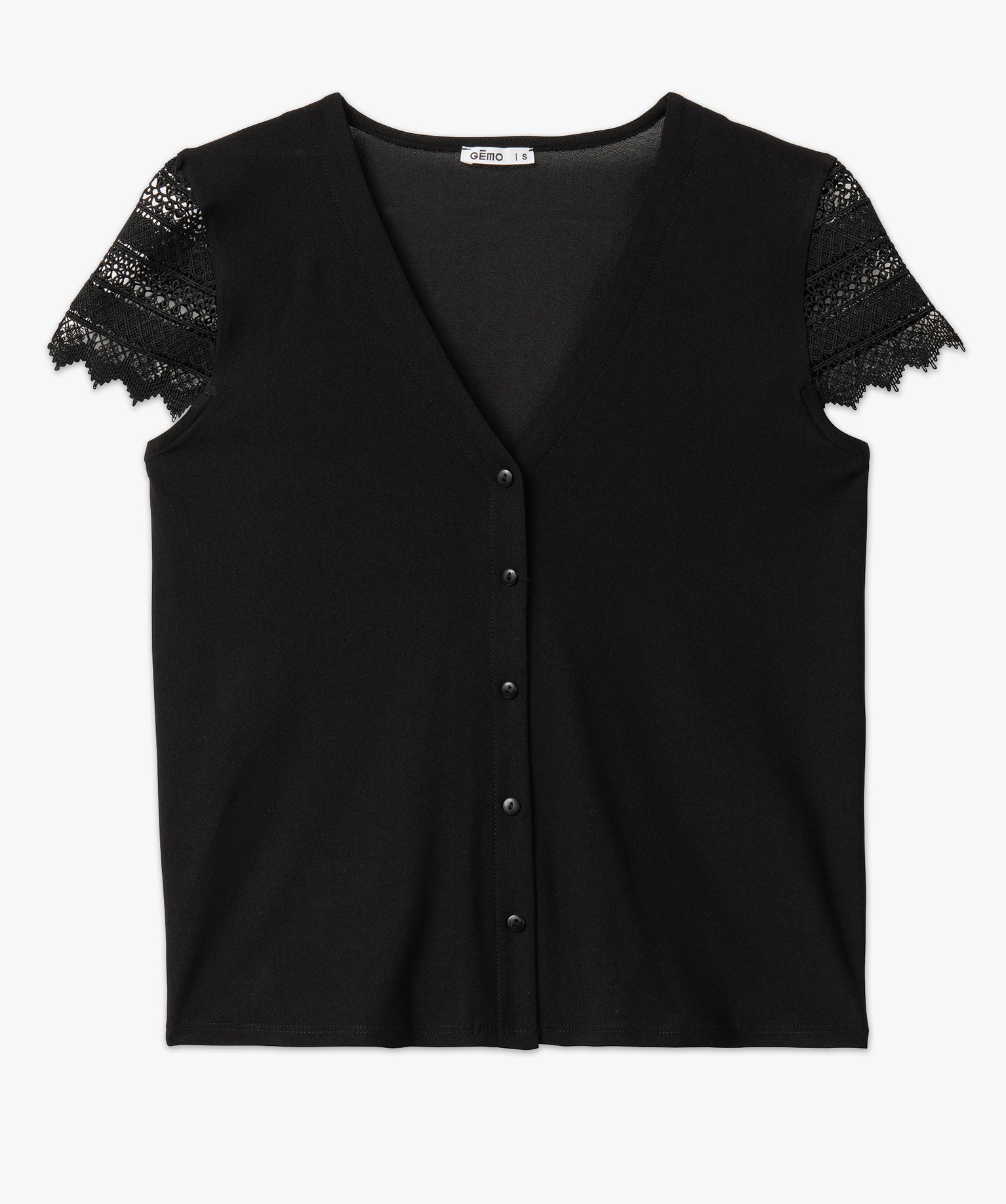 Tee-shirt boutonné à manches courtes en dentelle femme noir | GEMO