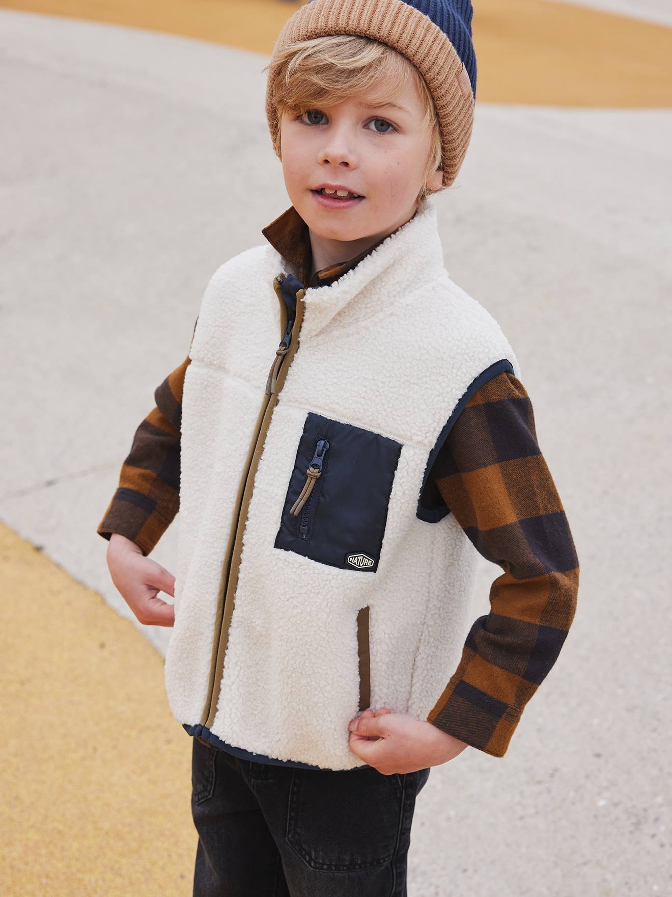 Veste zippée sans manches en sherpa garçon écru