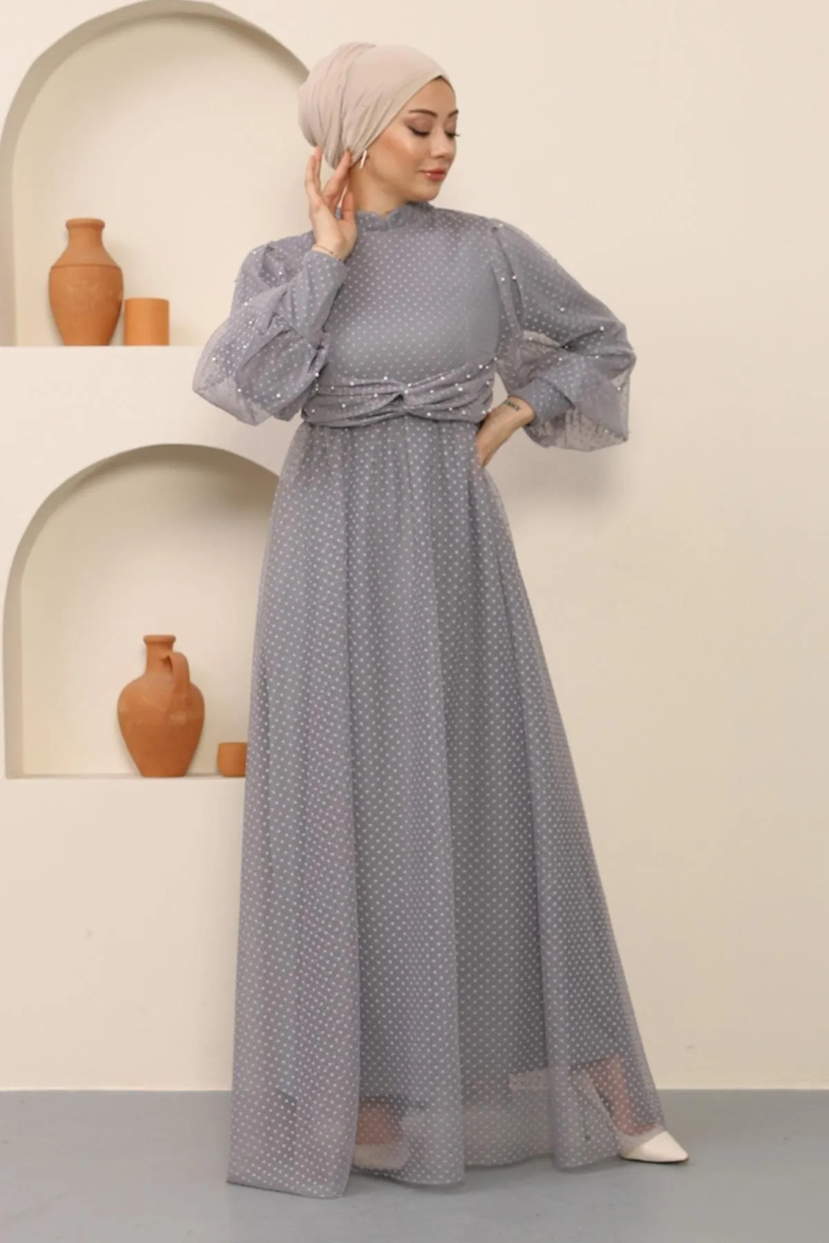 Modamihram  Abendkleid aus Tüll mit Perlendetail, Grau 12238