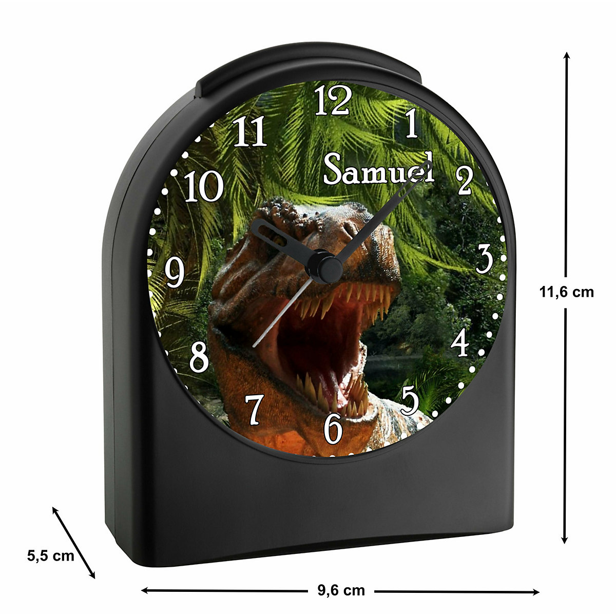 Kinder Funkwecker personalisiert mit Namen T-Rex Atom-/Funkuhr, 12-Stunden-Anzeigeformat, Schlummerfunktion, Nachtlicht, Geräuschlos/Ohne Ticken