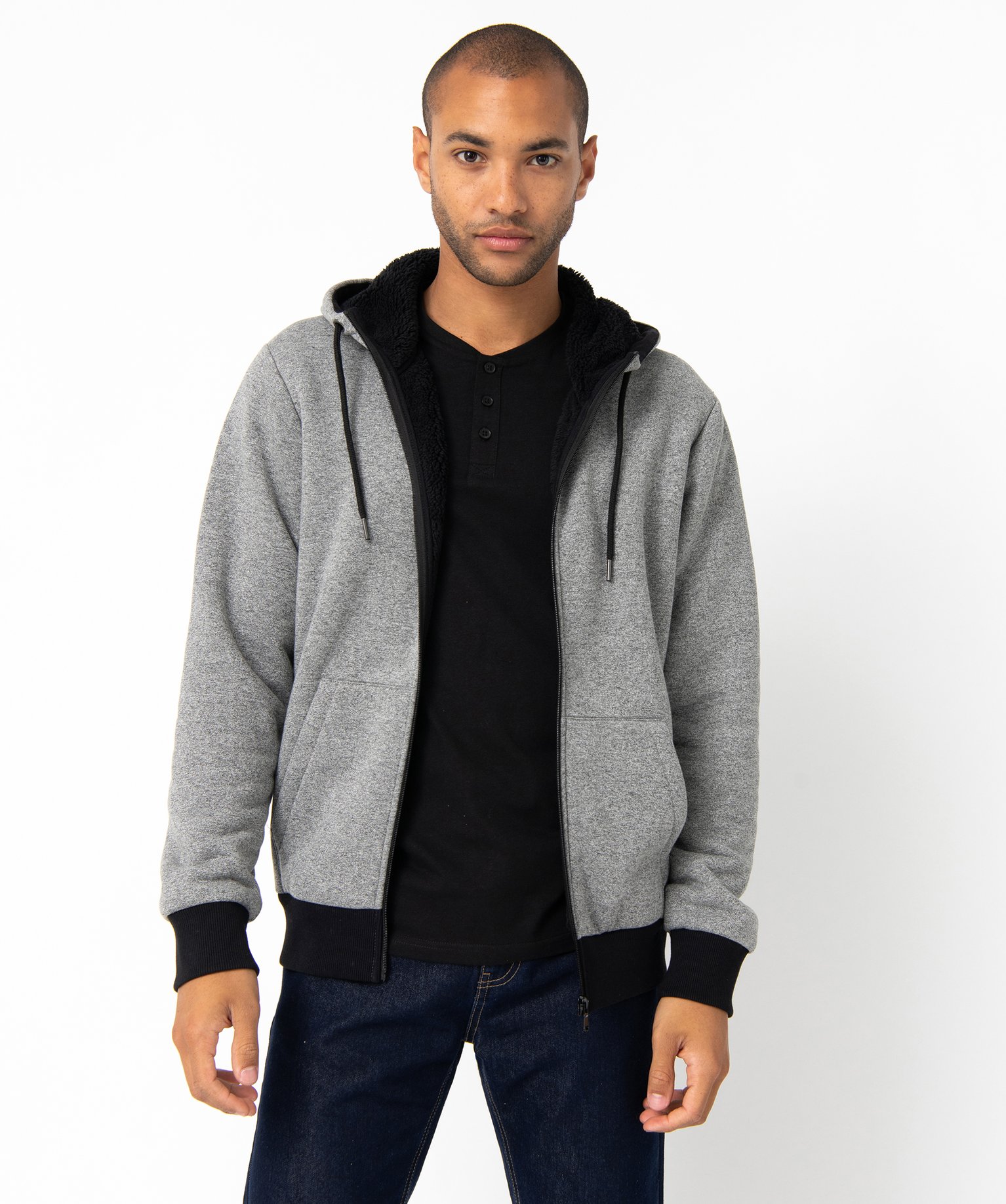 Sweat homme à capuche avec doublure sherpa gris | GEMO