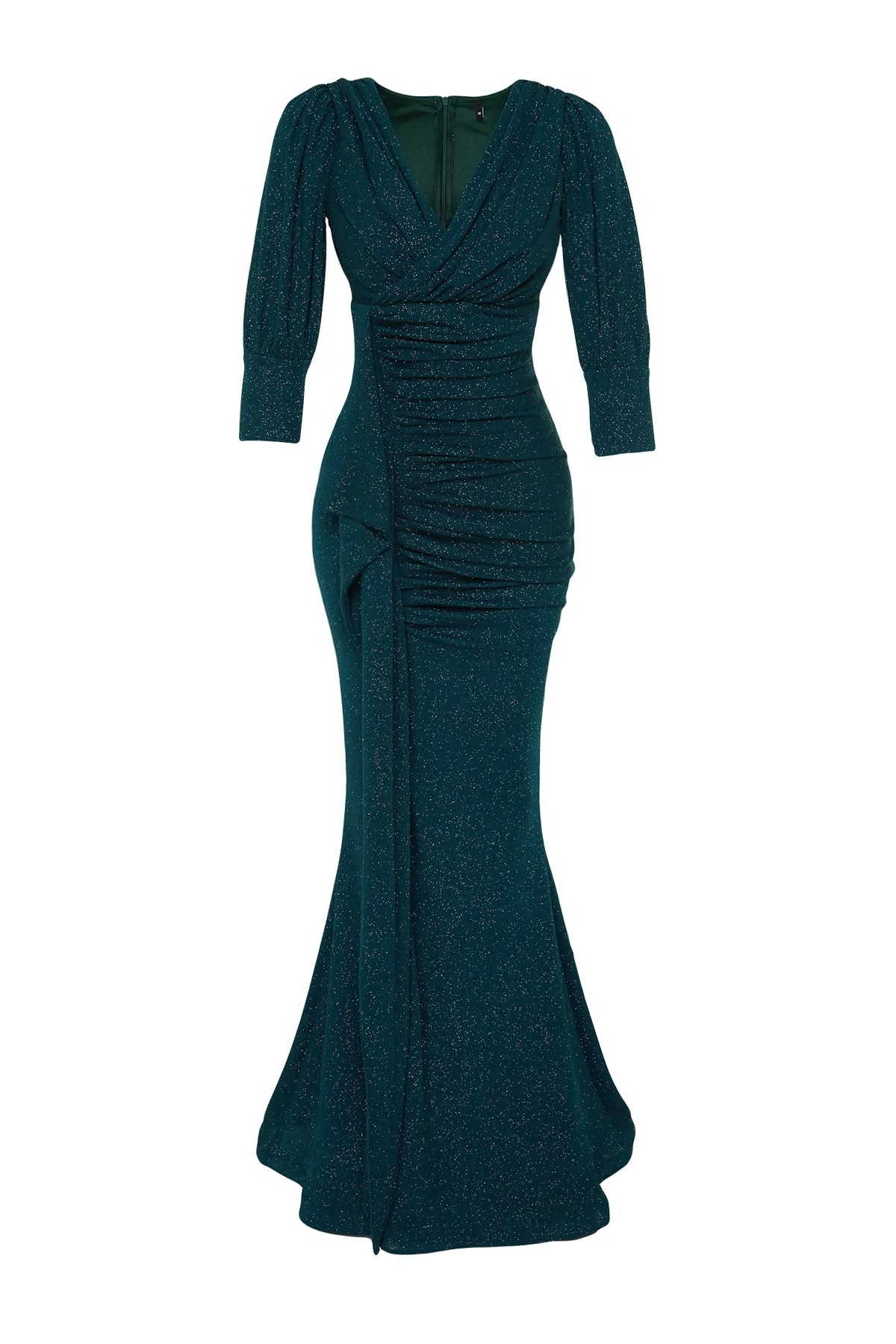 Trendyol Collection  Smaragdgrünes drapiertes, gestricktes, langes, stilvolles Abendkleid TPRSS24AE00104