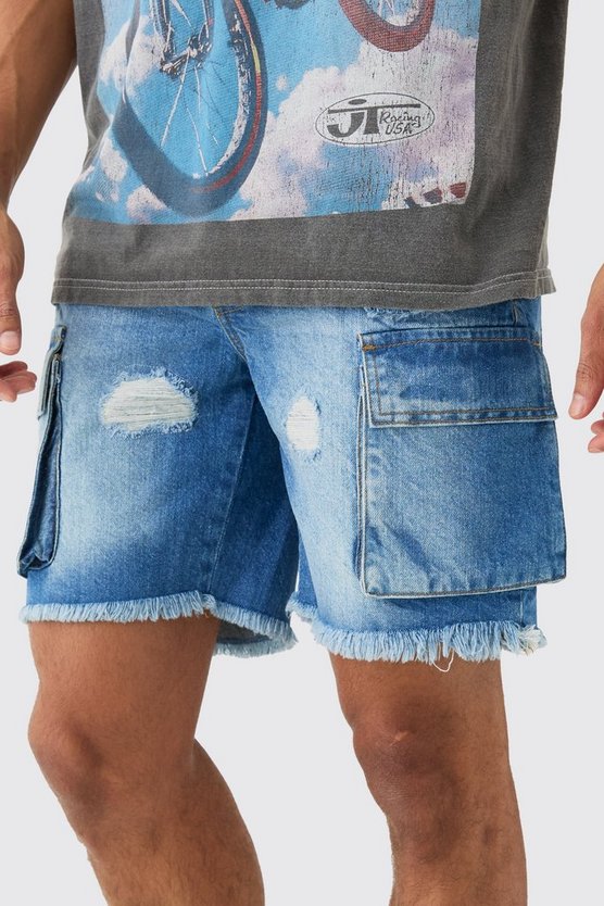 Zerrissene Slim-Fit Jeansshorts mit Cargo-Taschen