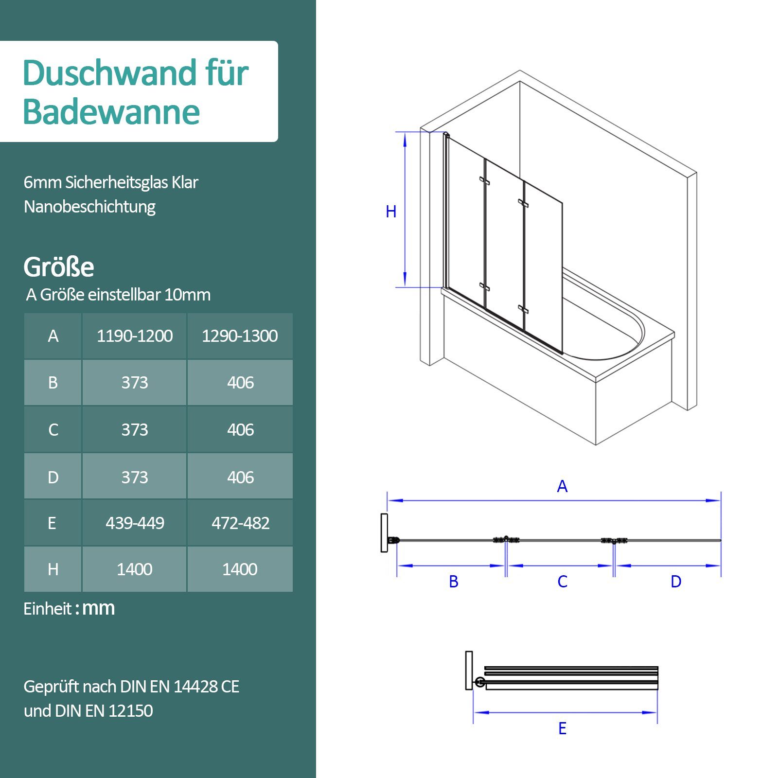 EMKE Badewannenaufsatz Duschwand für Badewanne Badewannen-Duschwand 3-teilig Faltbar Schwarz