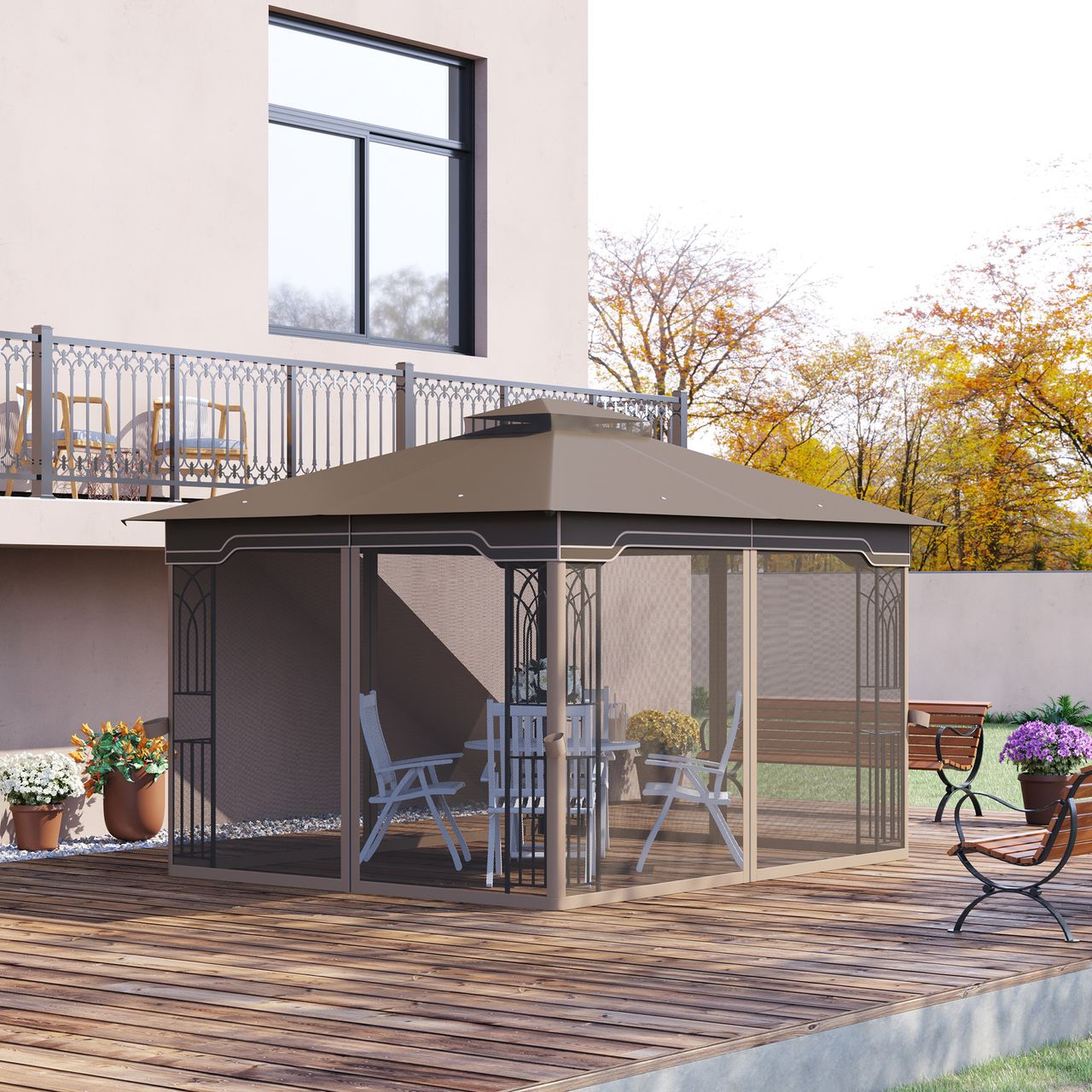 Outsunny Pavillon Gartenpavillon 3,65 x 3 m Gartenzelt Festzelt Partyzelt mit 4 x Moskitonetz atmungsaktivem Doppeldach Metall Polyester Braun Beige