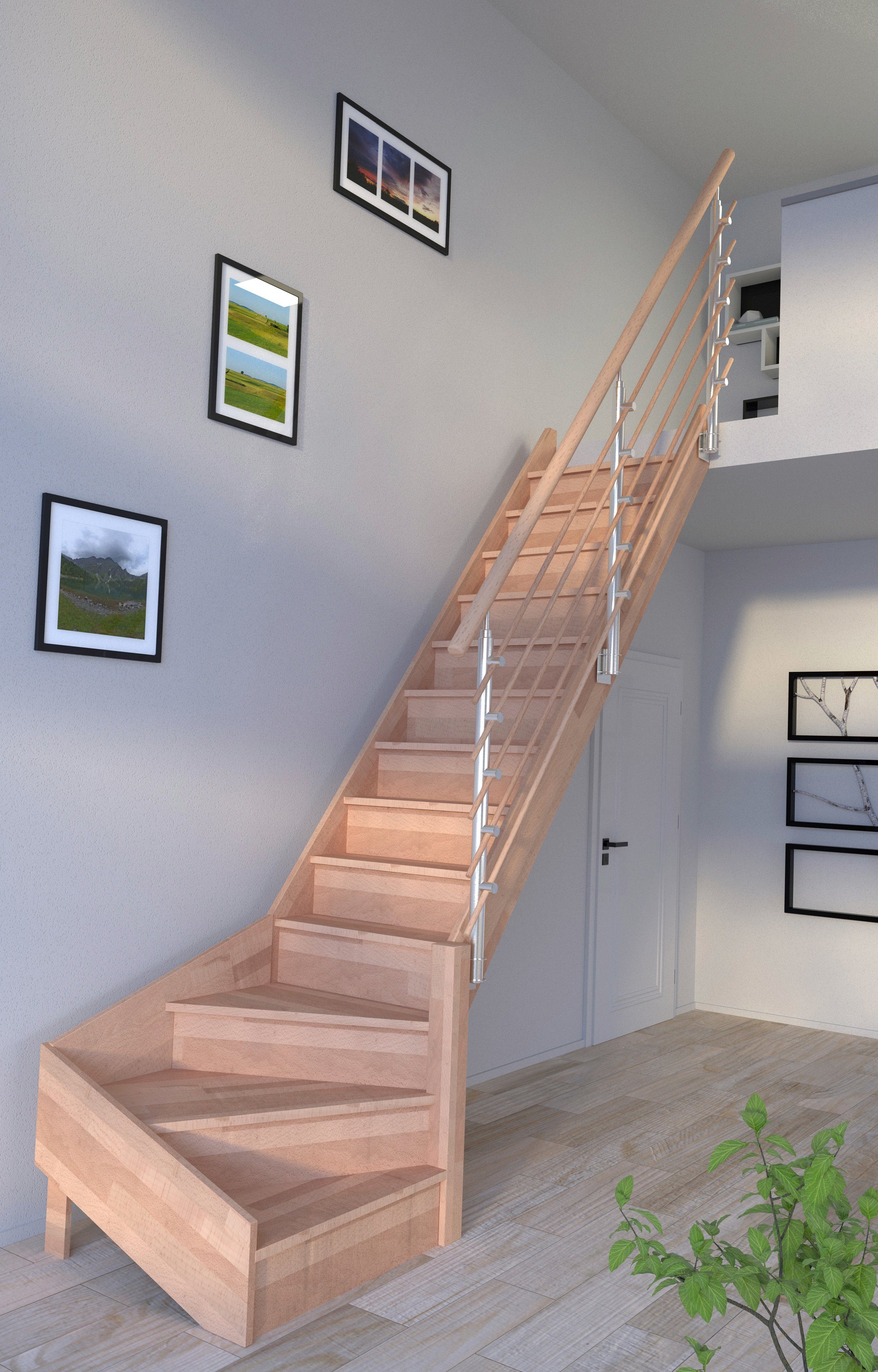 Starwood Raumspartreppe Massivholz Rhodos, Design-Geländer Holzrundstäbe, für Geschosshöhen bis 300 cm, Stufen geschlossen, gewendelt Rechts, Durchgehende Wangenteile