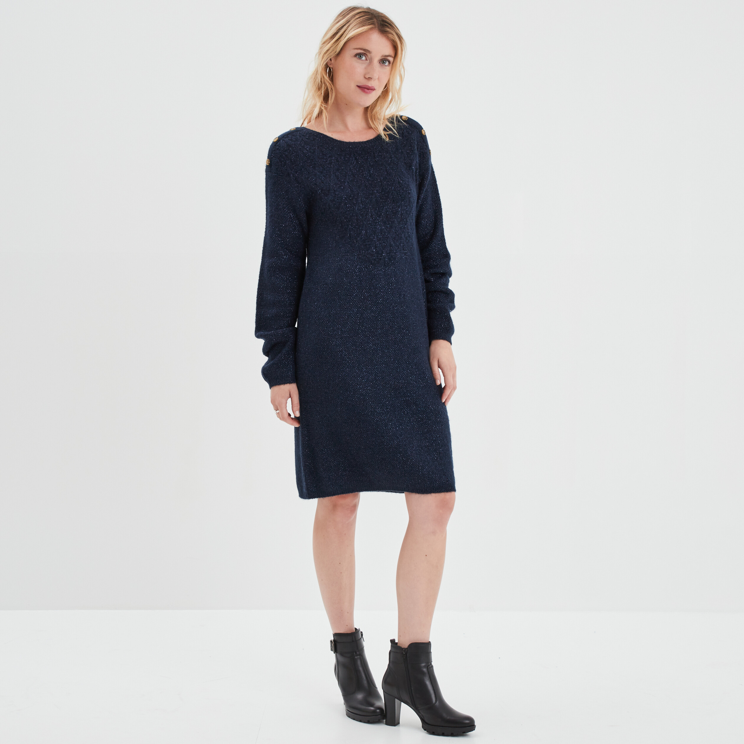 Robe pull droite à boutons bleu marine femme | La Halle