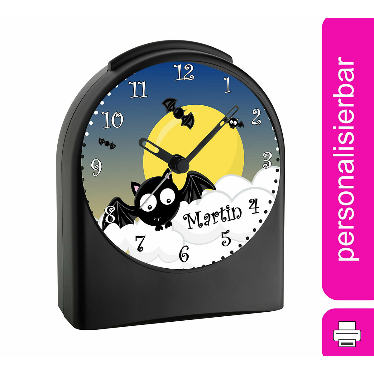 Kinder Funkwecker personalisiert mit Namen Fledermaus Atom-/Funkuhr, 12-Stunden-Anzeigeformat, Schlummerfunktion, Nachtlicht, Geräuschlos/Ohne Ticken