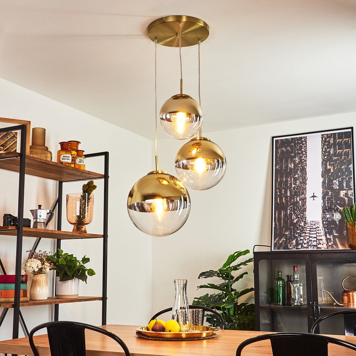 hofstein Hängeleuchte Arola 3-flammige Deckenlampe aus Metall in Gold, ohne Leuchtmittel, Moderner Look Pendellampe mit Glasschirm in Gold. 1xE27