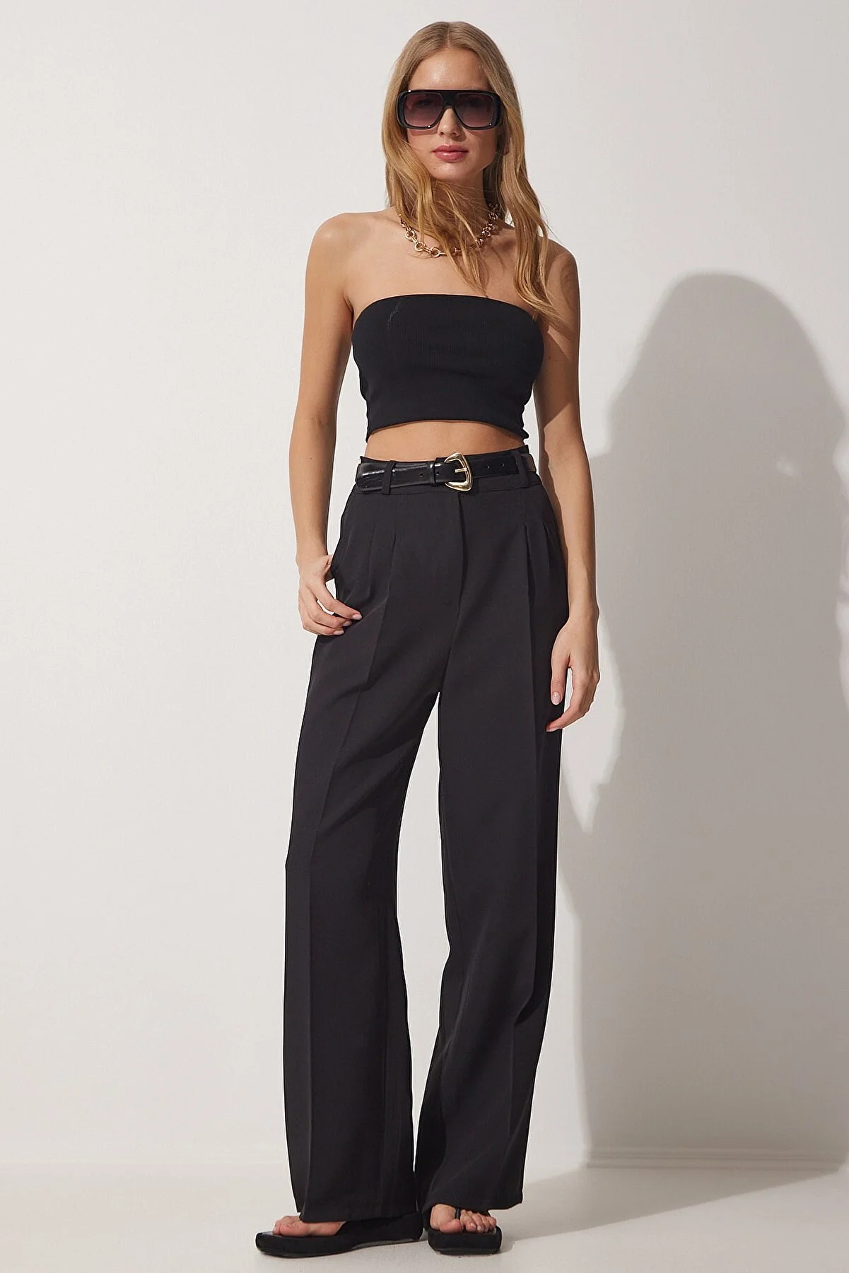 Happiness İstanbul  Schwarze, maskuline Webhose mit weitem Bein für Damen HG00001