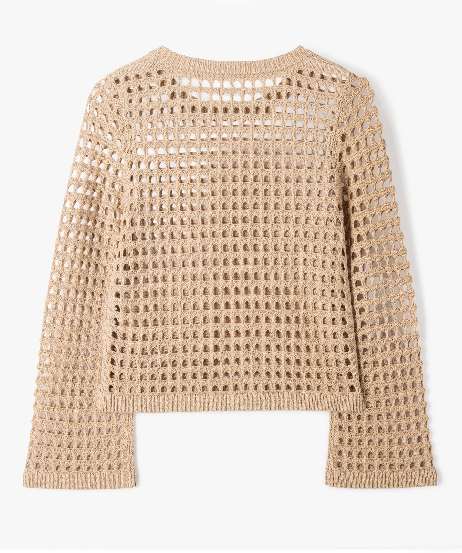 Pull fille court en maille ajourée beige | GEMO