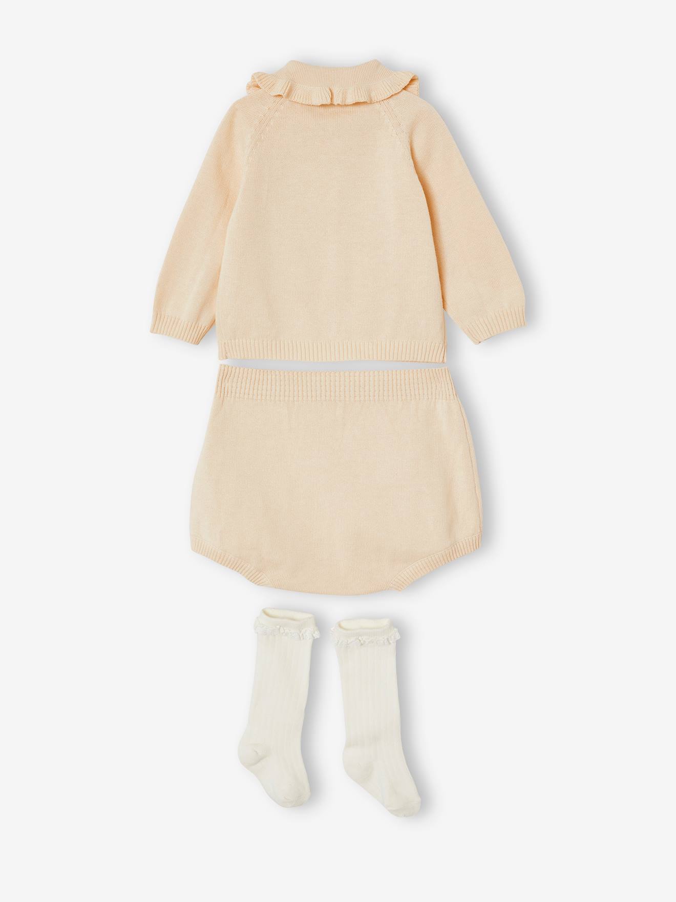 Ensemble 3 pièces : cardigan + bloomer + chaussettes bébé naissance sable
