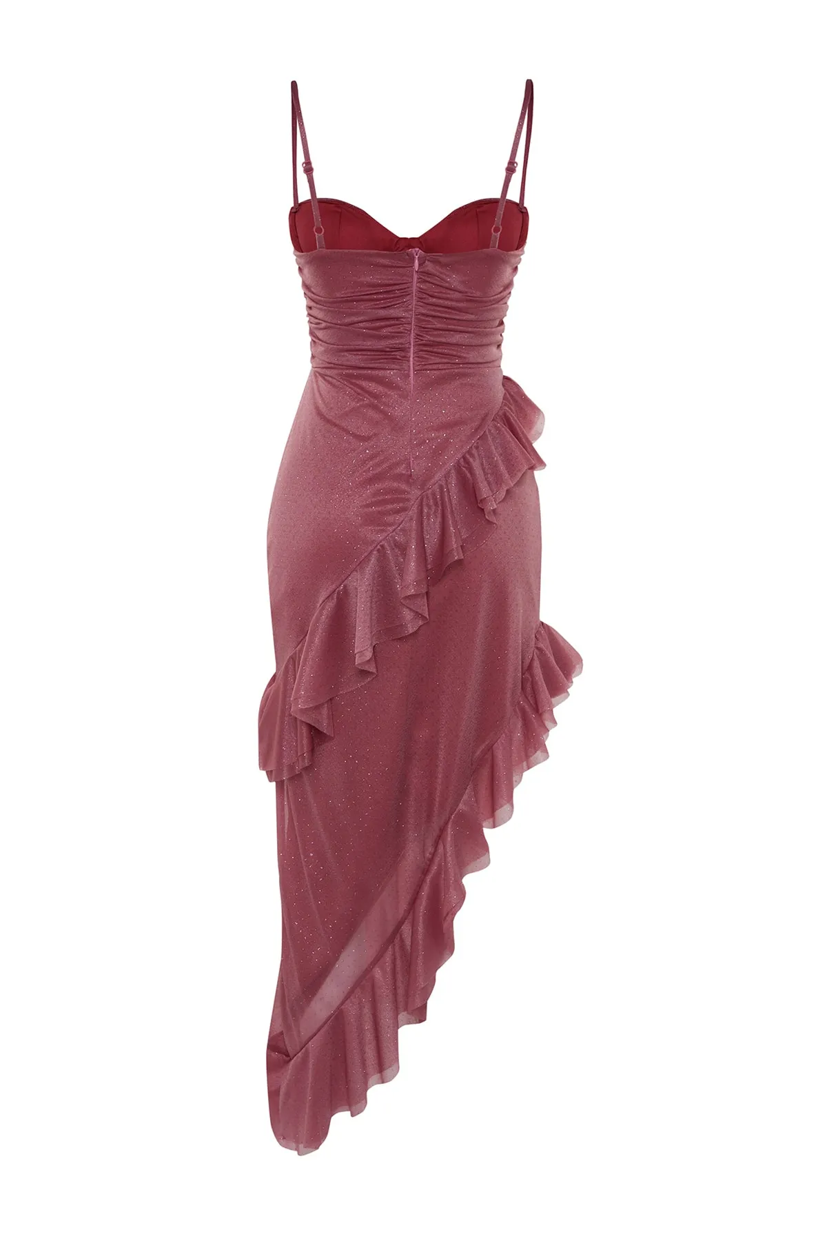 Trendyol Collection  Abendkleid aus staubigem rosa Volant-Tüll mit Futter TPRSS23EL00344