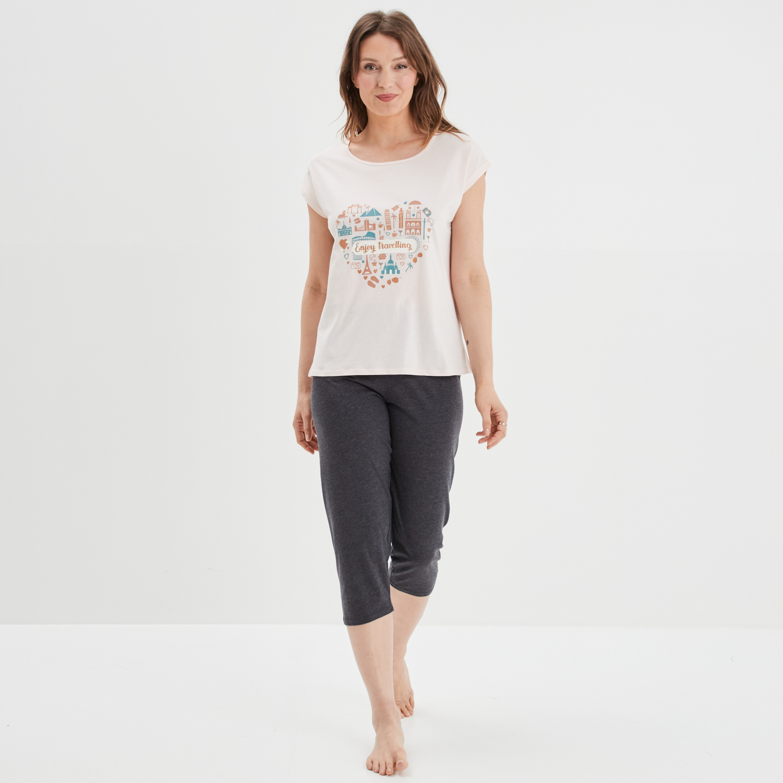 Ensemble pyjama corsaire 2 pièces coton rose clair femme | La Halle