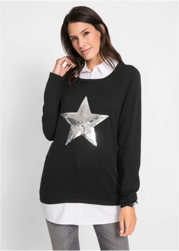 2 in 1 Pullover mit Bluseneinsatz, Langarm