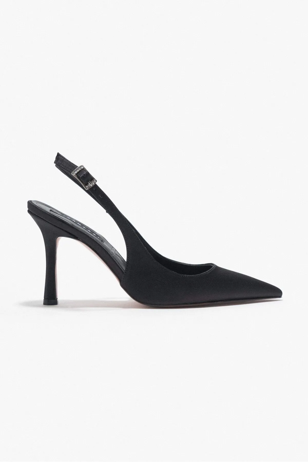 NİŞANTAŞI SHOES  Mendy Damen-Schuhe mit Absatz aus schwarzem Satin mit Gürteldetail und spitzer Zehenpartie