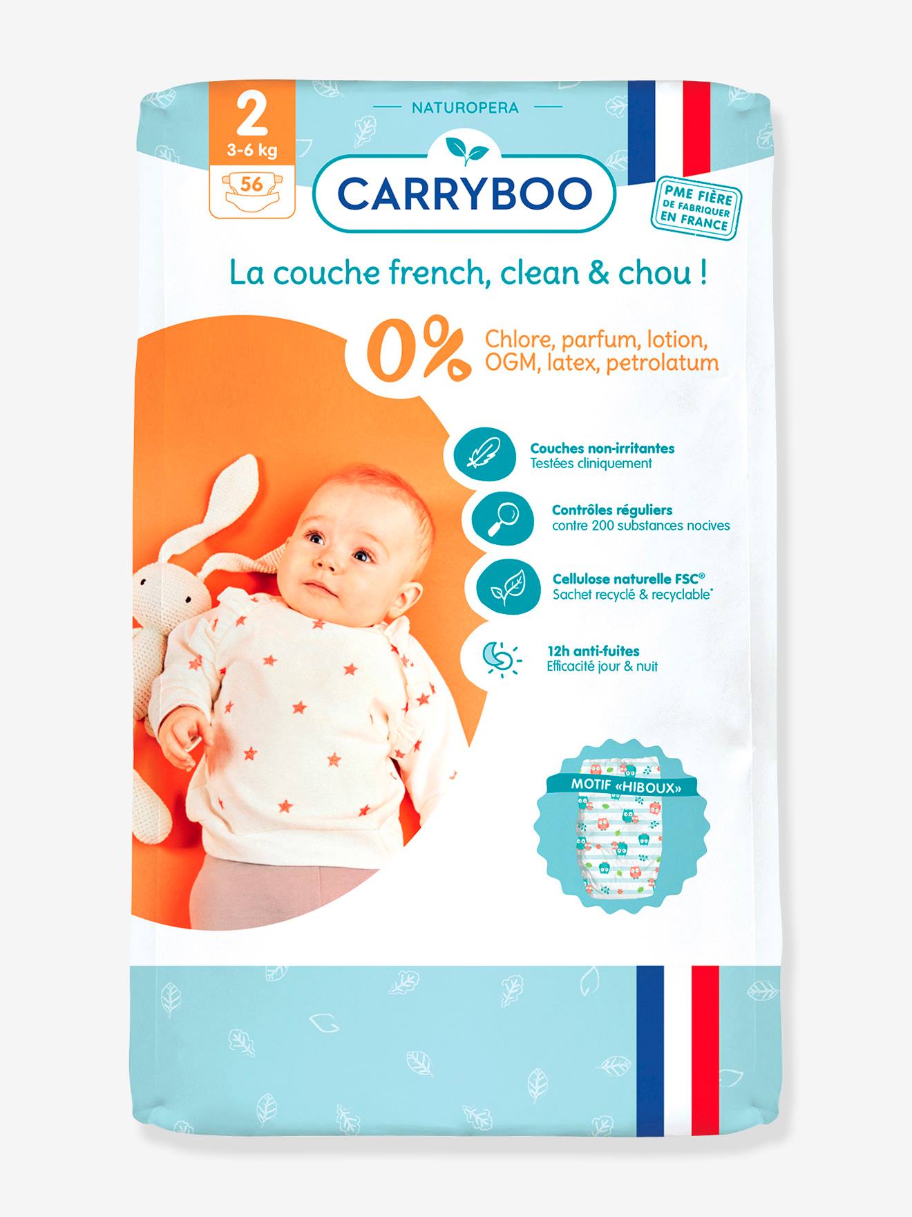 56 couches dermo-sensitives T2 (3-6 kg) CARRYBOO blanc