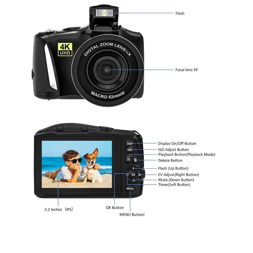 Fine Life Pro R3S Digitalkamera 4K 48MP Superzoom-Kamera (48 MP, 16x opt. Zoom, WLAN (Wi-Fi), inkl. Digitalkamera, 48 MP, 16X Digitalzoom Kompaktkamera)