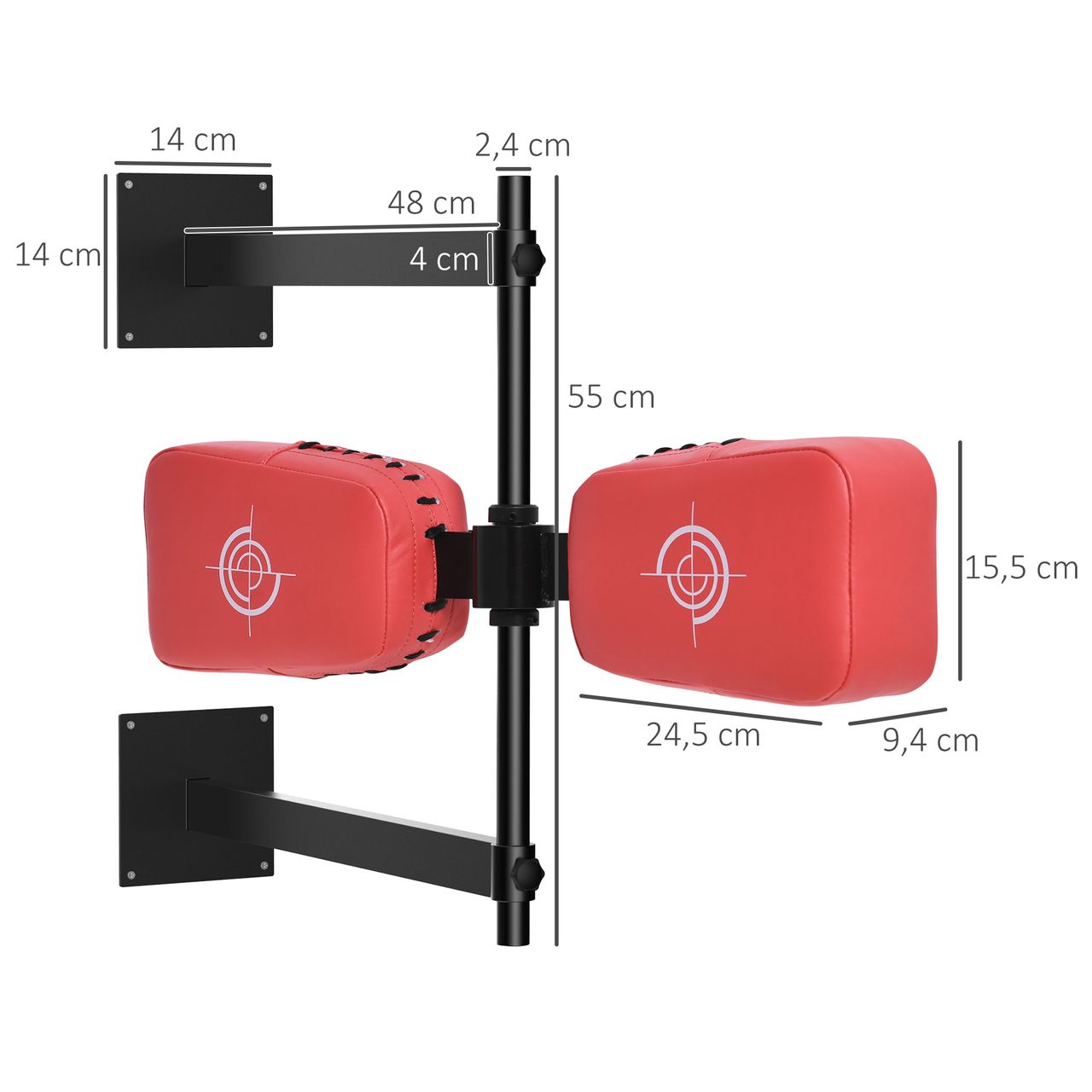 HOMCOM Schlagpolster drehbar Wandmontage Reflex Bar Punching Boxing Pad für Training Schlagkissen Kickschild Stahl Kunstleder Rot 82 x 65 x 14 cm