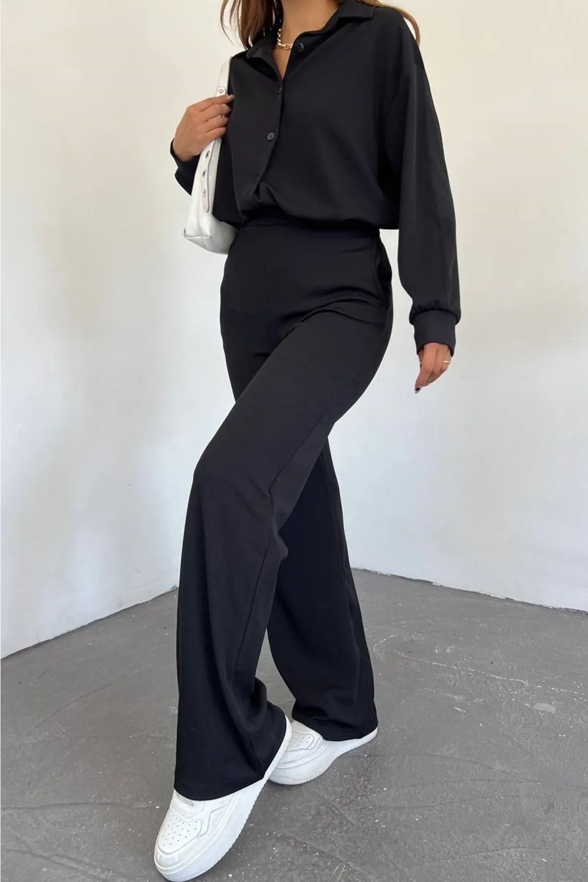lovebox  Damen-Seersucker-Oversize-Design-Hemd und Hose, schwarzer Doppelanzug 10786