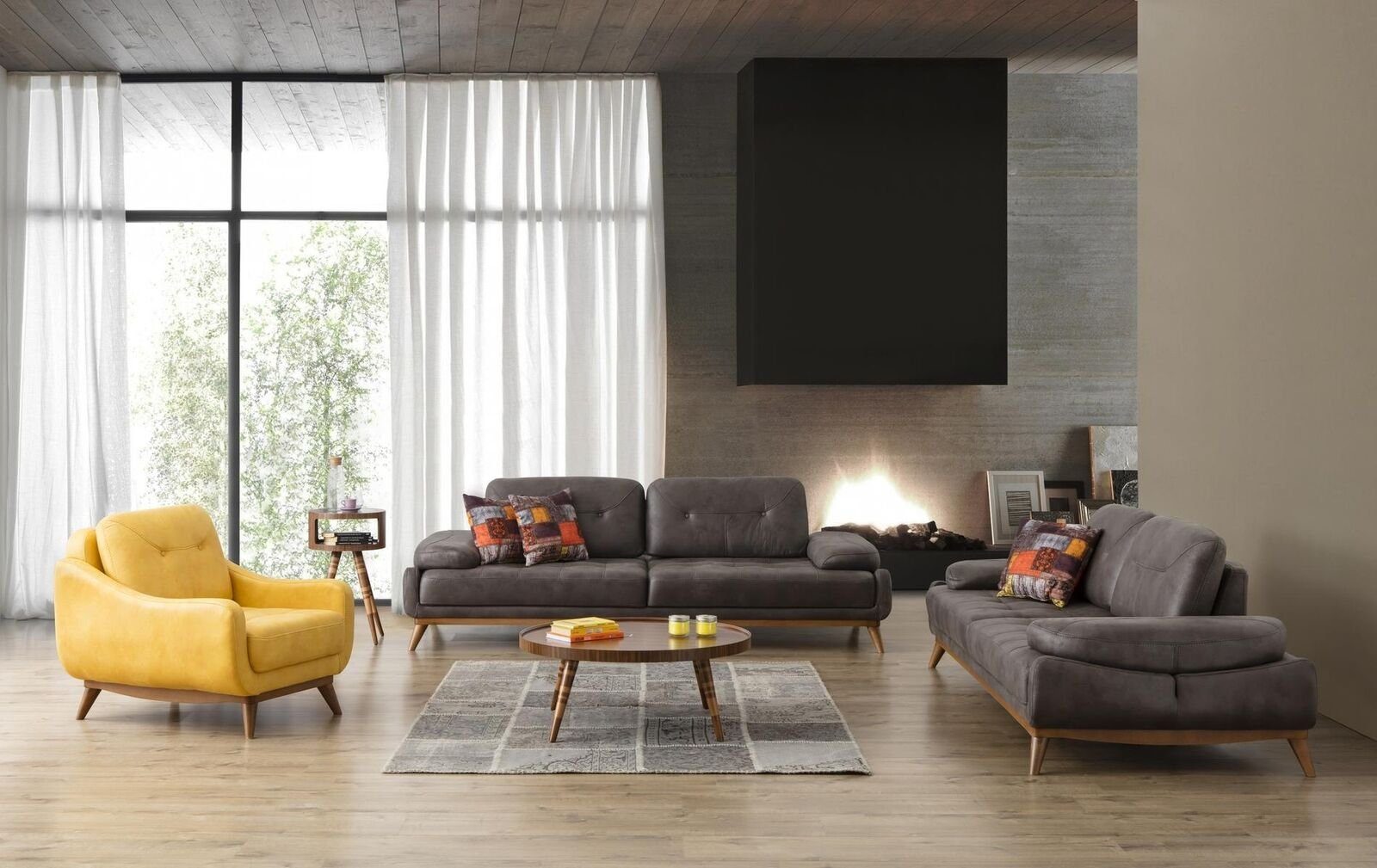 JVmoebel Wohnzimmer-Set Grau-Gelbe Sofagarnitur 3+3+1 Sitzer Luxus Polstermöbel Wohnzimmer Set, (3-St., 2x Sofa 3-Sitzer/Sessel), Made in Europa