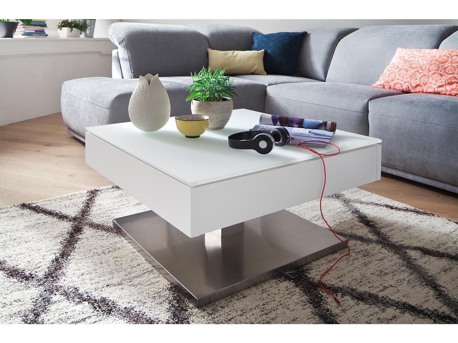 möbelando Couchtisch Marcie, Moderner Couchtisch aus MDF in Weiß matt lackiert, Deckplatte aus Sicherheitsglas, Sockel aus Metall in Edelstahl-Optik gebürstet mit MDF Kern. Breite 75 cm, Höhe 38 cm, Tiefe 75 cm