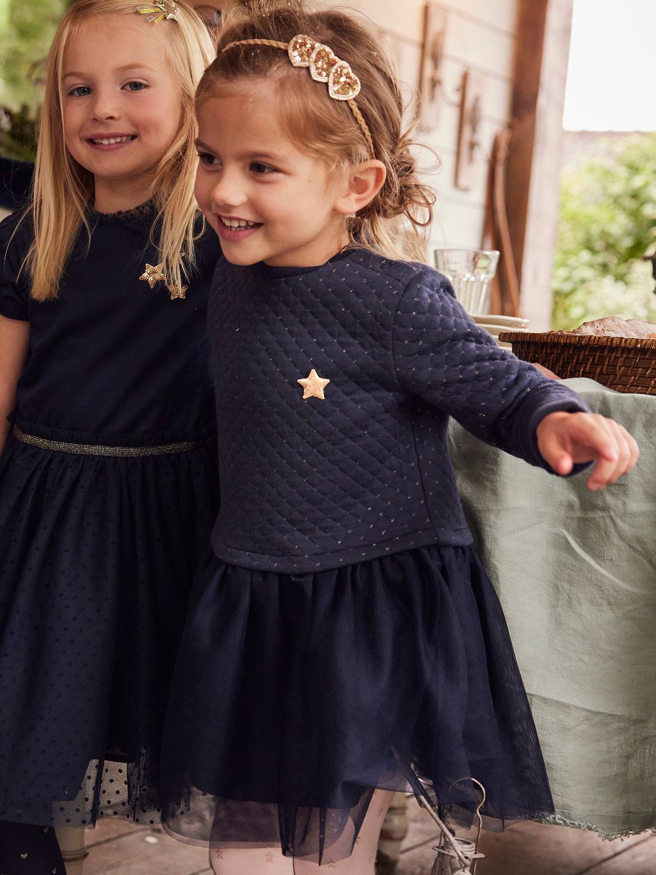 Vertbaudet Festliches Mädchen Kleid, Materialmix - grün