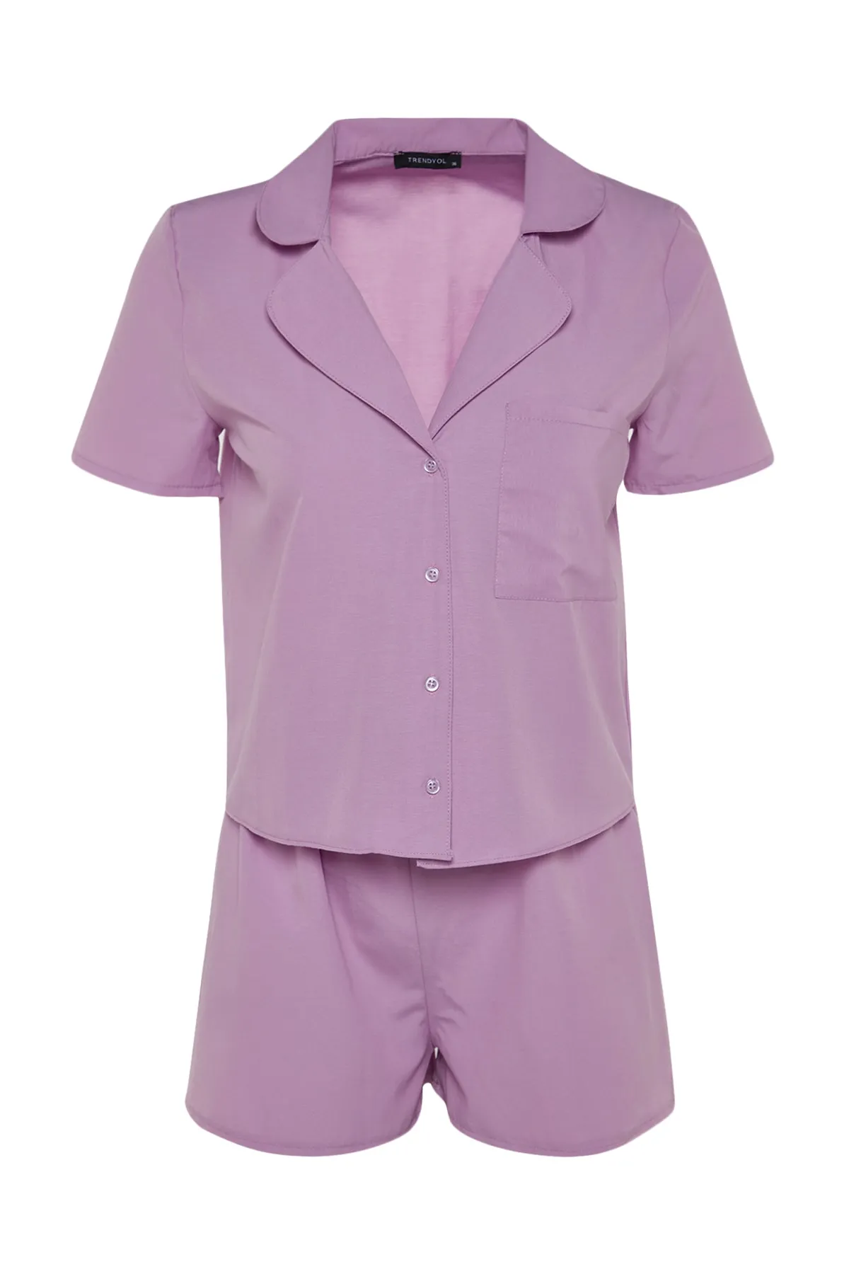 Trendyol Collection  Fliederfarbenes, gewebtes Pyjama-Set mit Hemd und Shorts aus Frottee-Baumwolle THMSS23PT00132