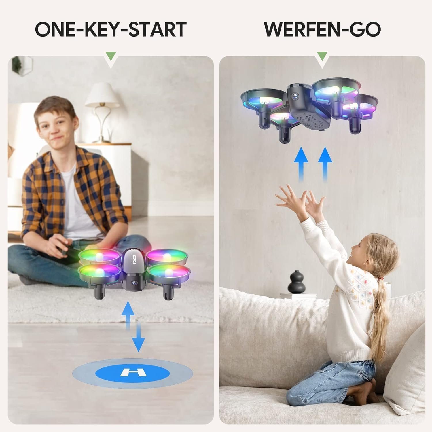 Tomzon Mini Drohne mit Kamera für Kinder Anfänger Drohne (1080P HD, mit Bunte LED-Licht Lange Flugzeit 360°Propellerschutz/WerfenGo/3DFlip)