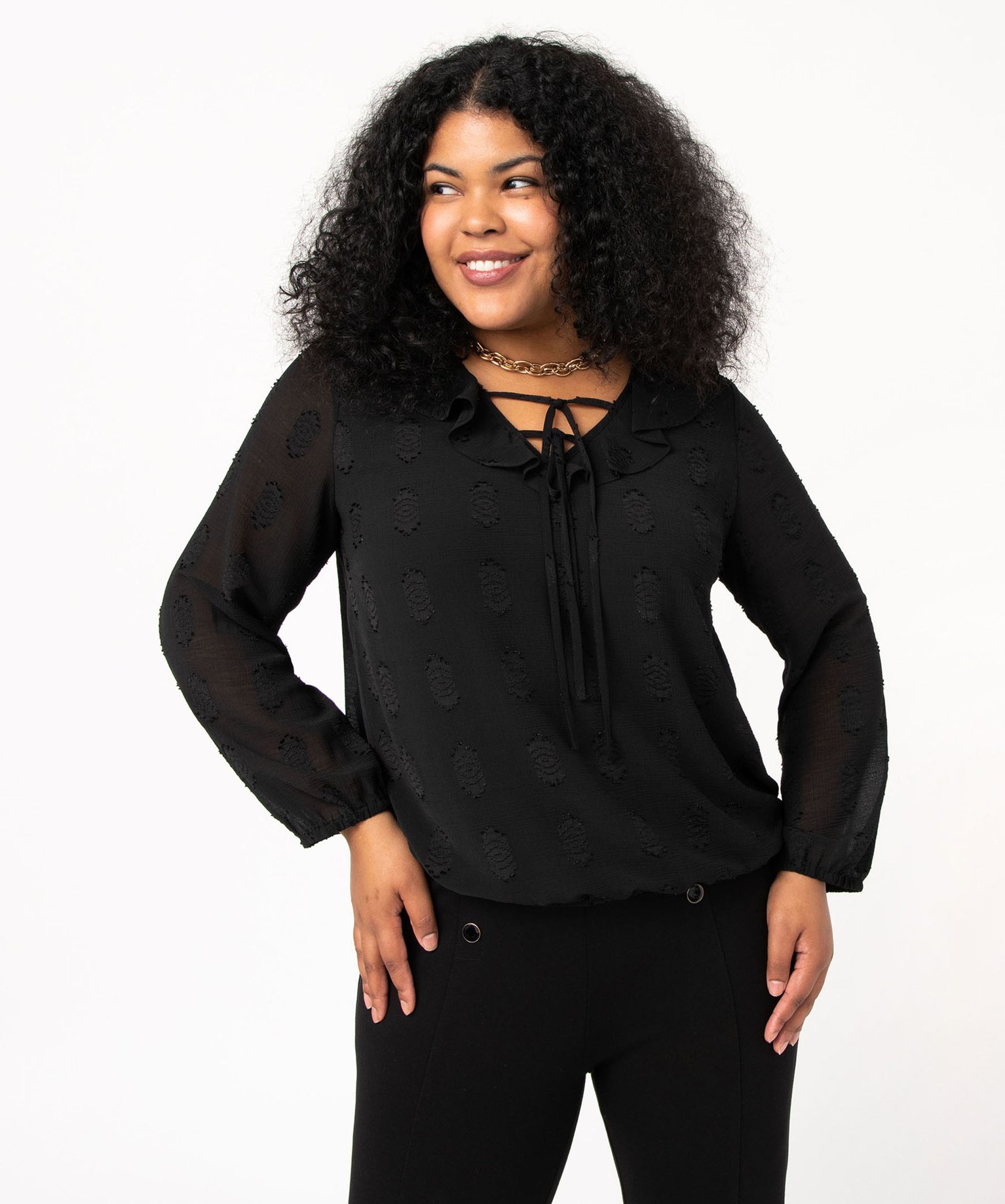 Blouse à manches longues avec col à volant femme grande ta... noir | GEMO