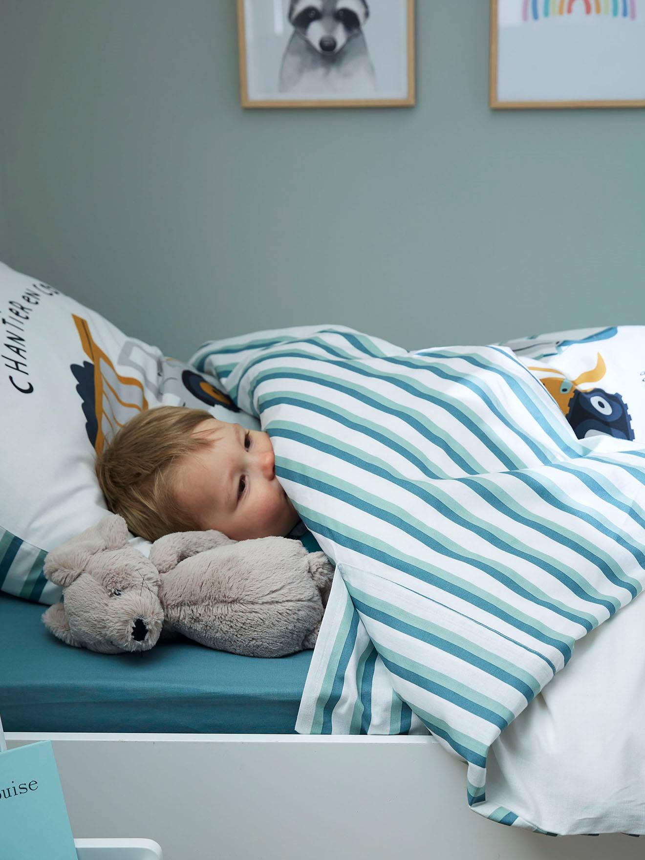 Vertbaudet Kinder Bettwäsche-Set BAUSTELLENFAHRZEUGE Magicouette - weiß bedruckt