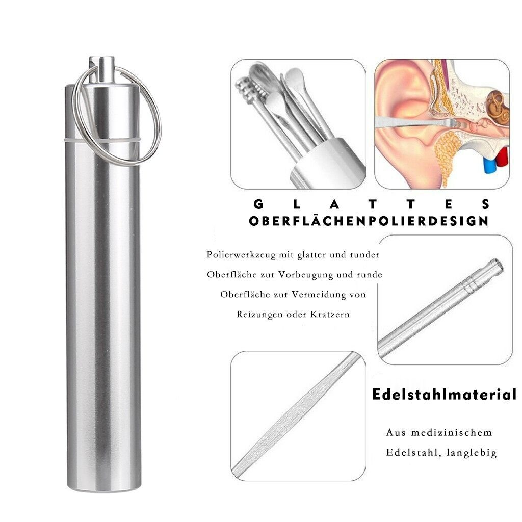 COOL-i ® Ohrenreiniger, 6-tlg., 6 in 1 Ohrreiniger aus Edelstahl mit Aufbewahrungskiste