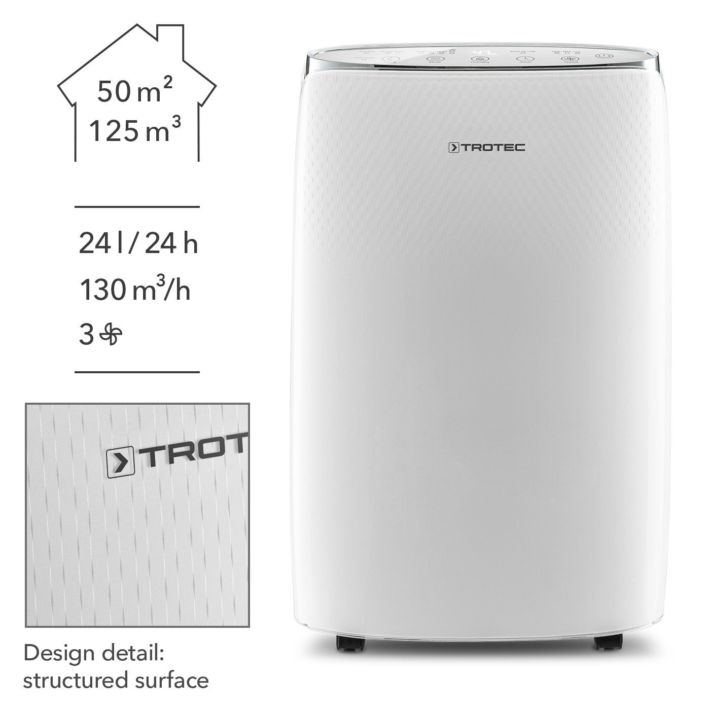 TROTEC Luftentfeuchter TTK 67 E, für 125 m³ Räume, Entfeuchtung 24,00 l/Tag, Tank 3,50 l, Entfeuchtungsautomatik mit Zielwertvorwahl zwischen 30 und 80 %