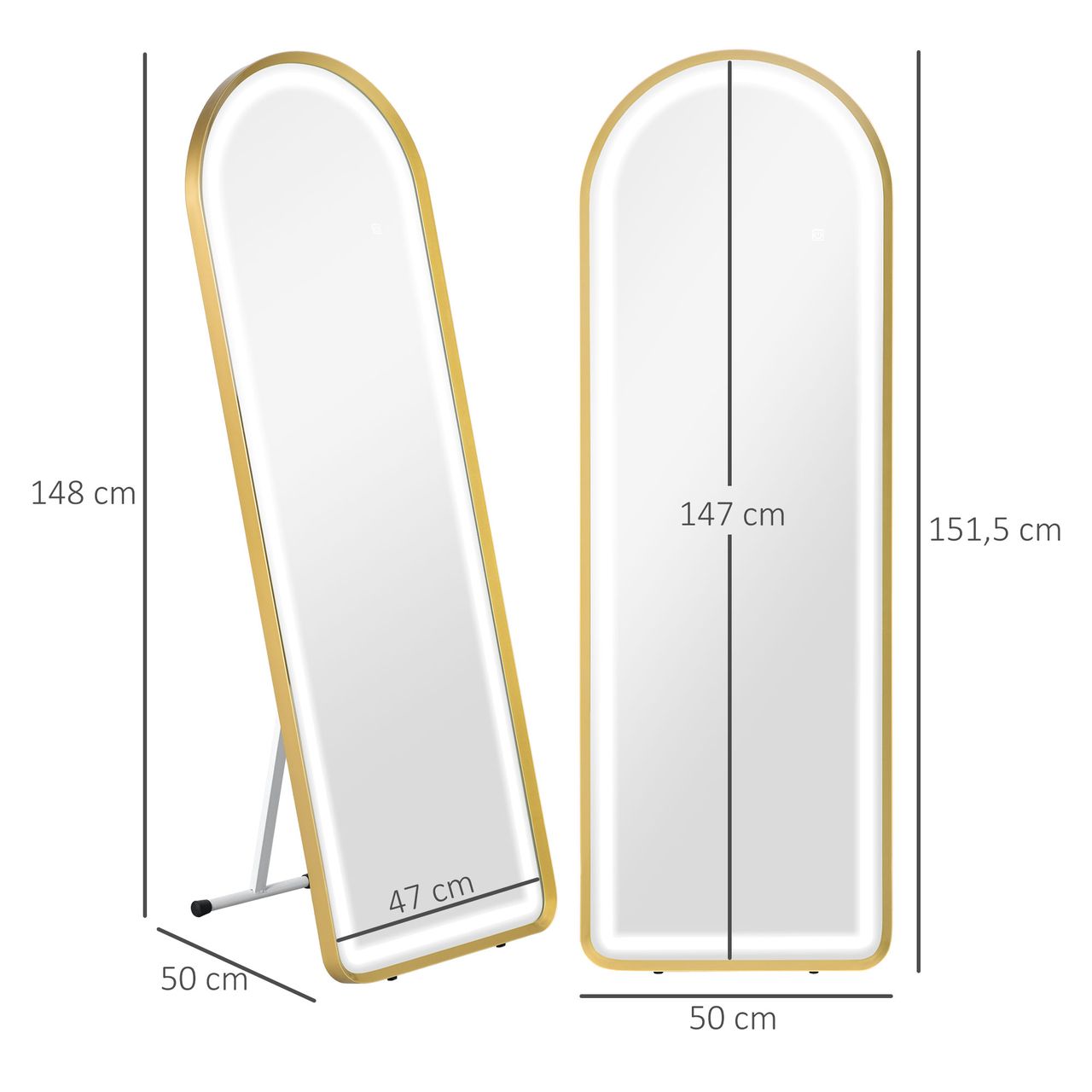 HOMCOM Ganzkörperspiegel, 151,5 x 50 x 4 cm Wandspiegel mit Ständer, LED-Leuchte, Gold