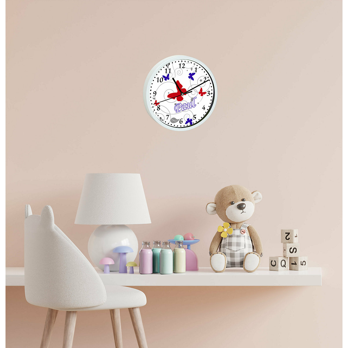 Kinder Wanduhr laufruhig personalisiert mit Name Schmetterling Rot Blau Grau