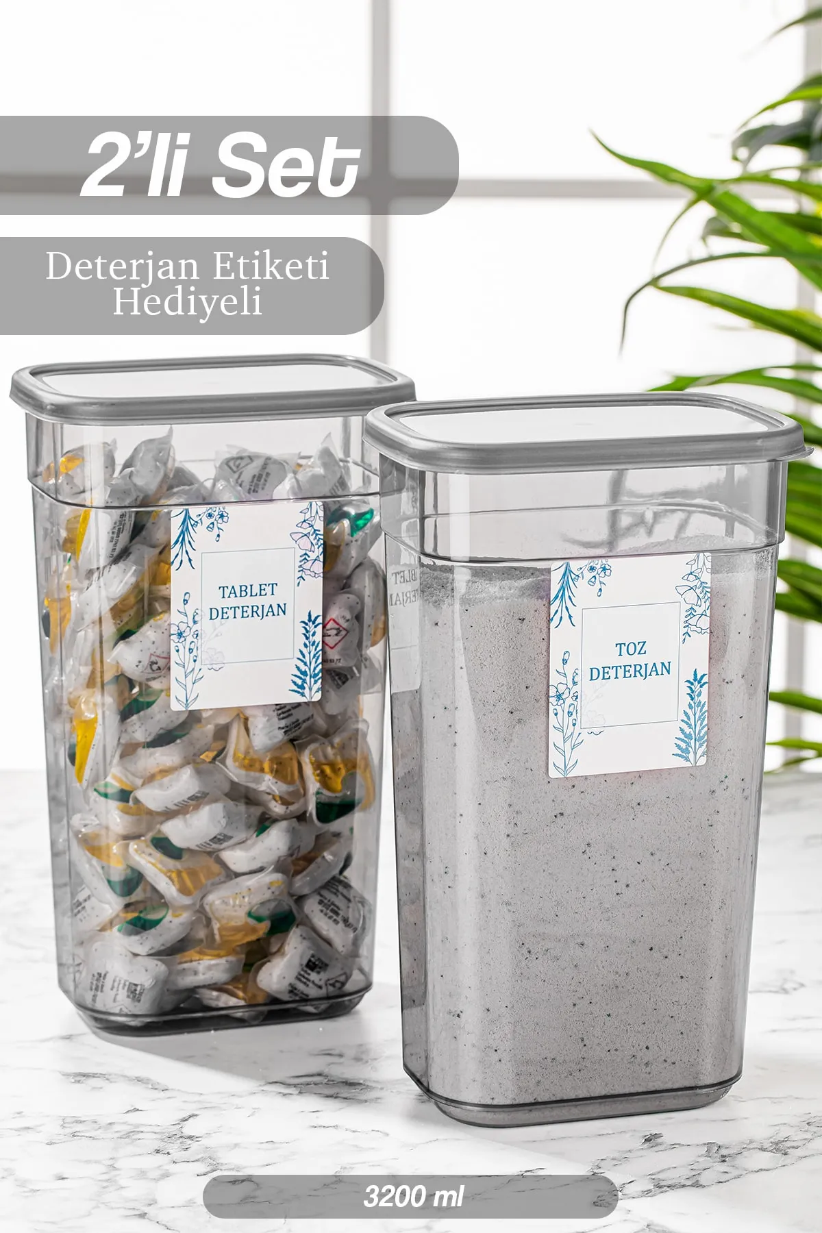 Meleni Home  Set mit 2 beschrifteten Aufbewahrungsboxen für Tablettenwaschmittel – Elina rechteckiger Aufbewahrungsbehälter 3200 ml