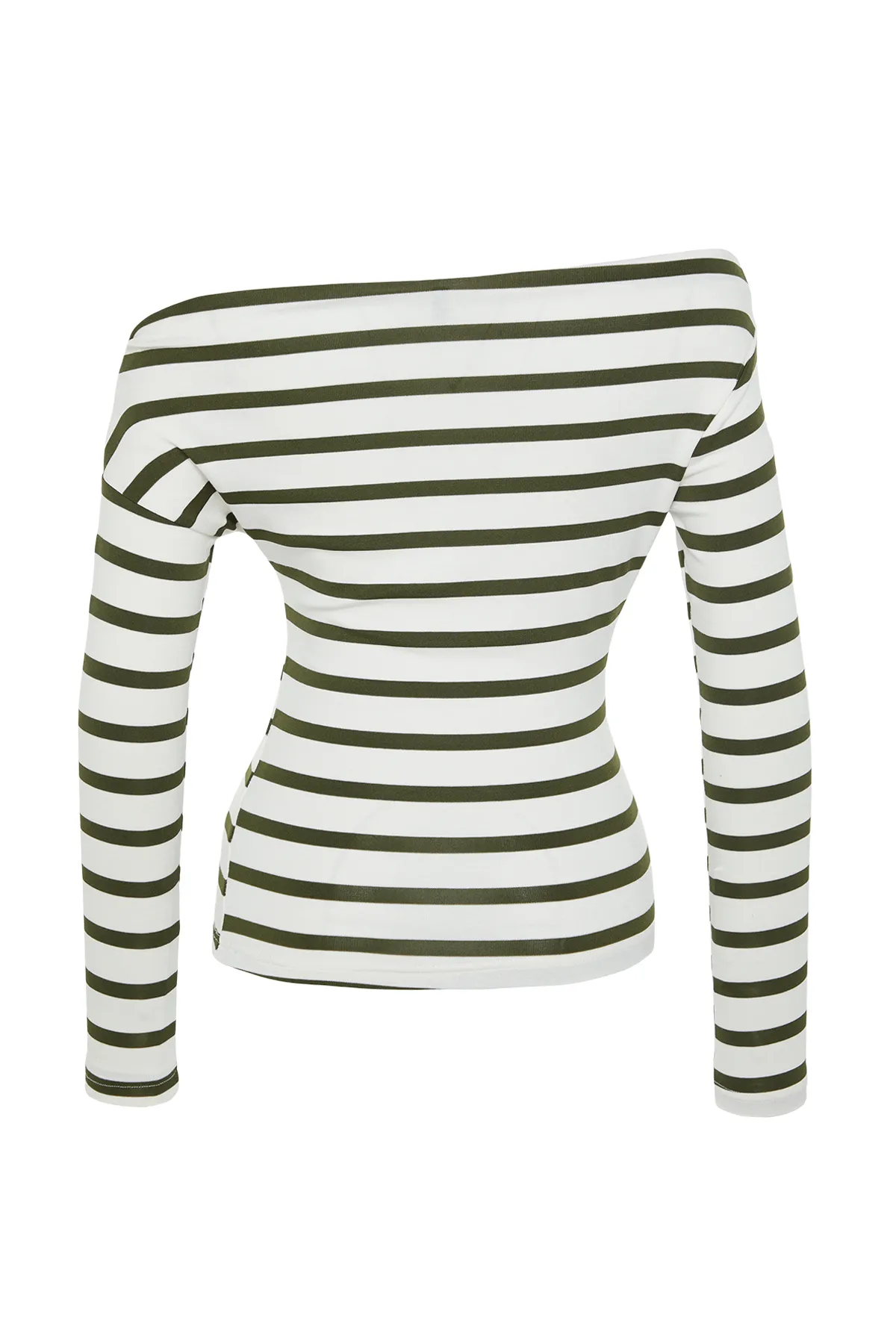 Trendyol Collection  Khaki-weiß gestreifte, hochwertige, weiche, taillierte, dehnbare Strickbluse mit U-Boot-Ausschnitt TWOAW24BZ00227