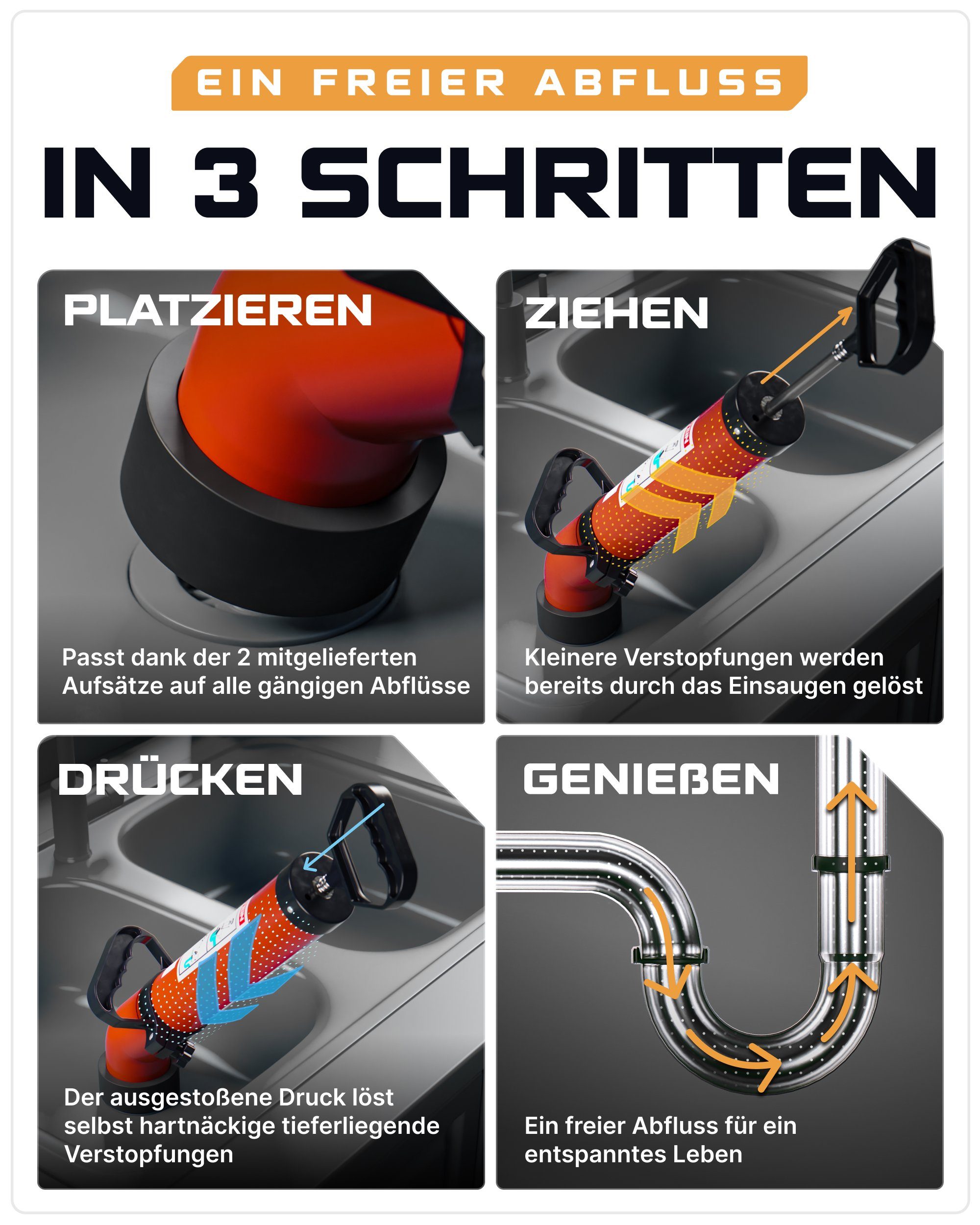 Werkstein Rohrreinigungspumpe I Abflussreiniger zur effektiven Rohrreinigung I Made in Germany, (Set, 3 teilig), Umweltfreundlich, aus stabilen ABS, inkl. 2 Adaptern