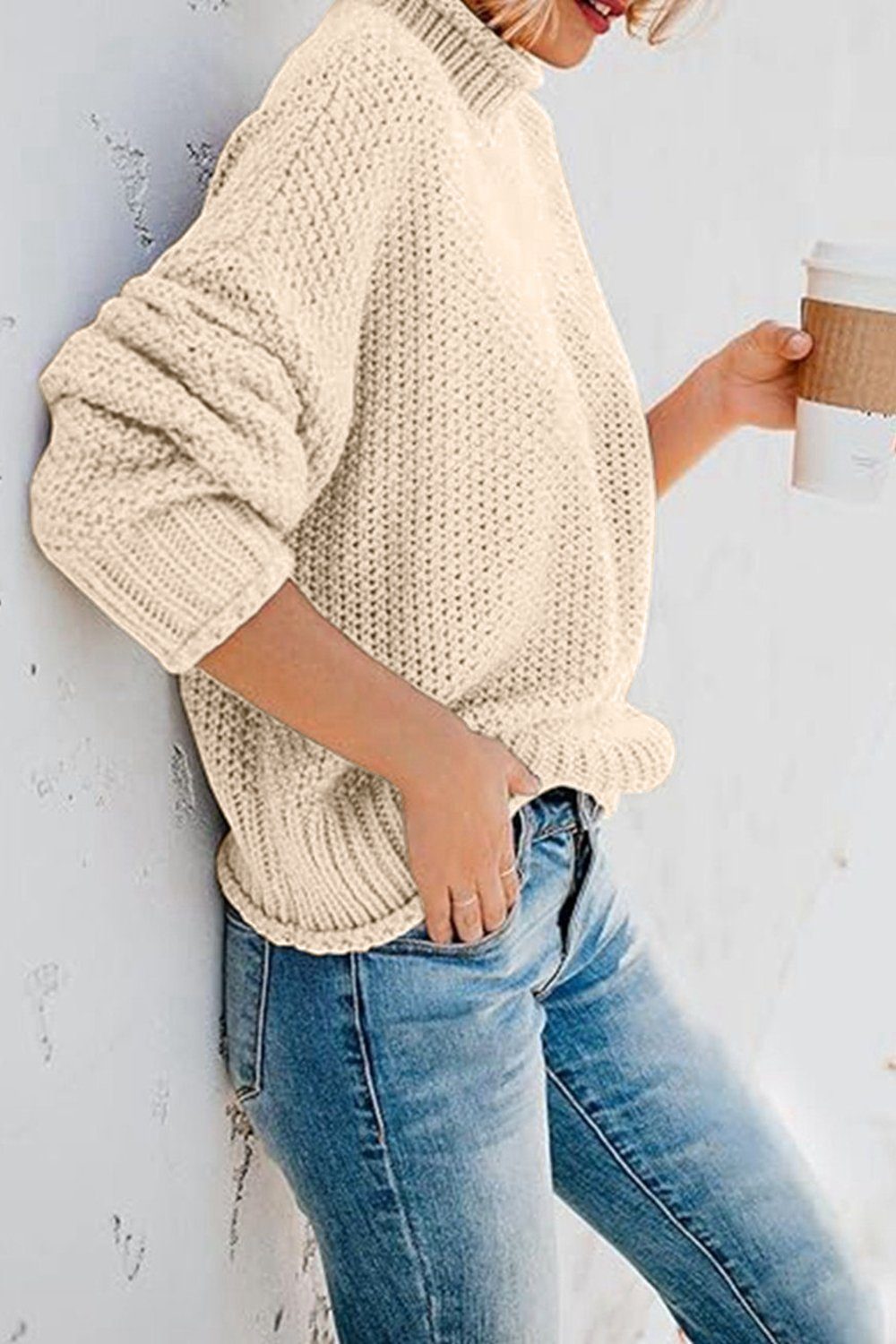 B.X Rollkragenpullover Damen Strickpullover Oversize Lang Warm Rundhals